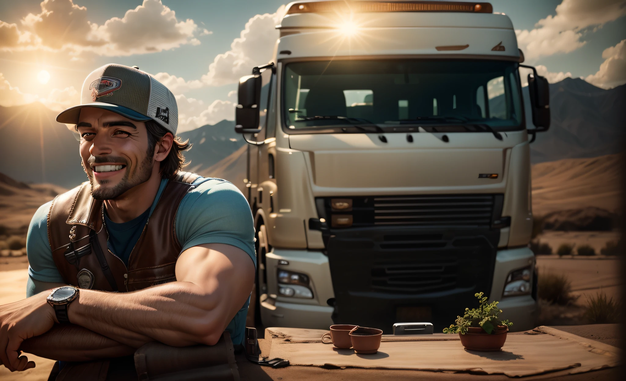 Trucker with cap outside the new truck smiling (ultra realistic, cinematic details) --auto --s2