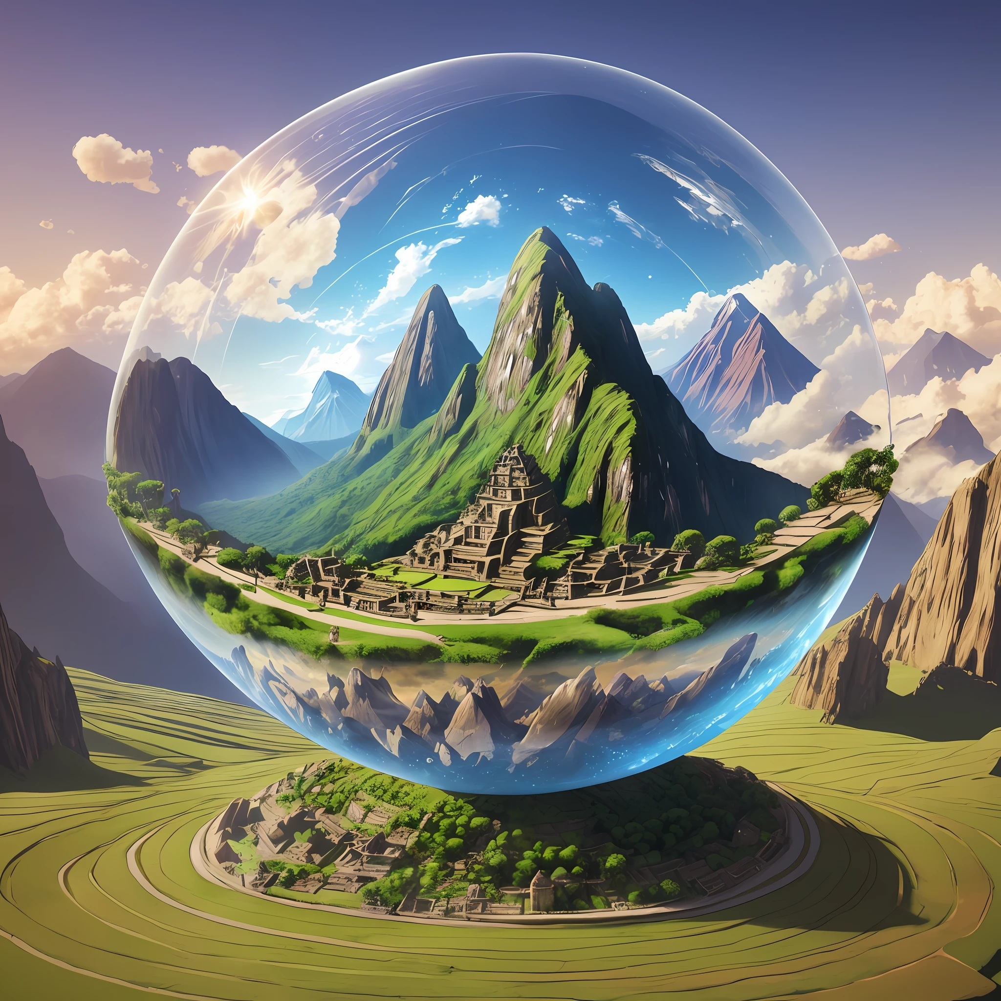 a crystal ball with a view of Machupicho in the background, a small planet earth, photo manipulation, Vincent Callebaut composition, photo-manipulation, levitating agricultural sphere, mattepainting, inside a globe, surreal matte painting, miniature world, 3d landscape, 3d landscape, a miniature earth, surreal 3D rendering, glass sphere, intricate details