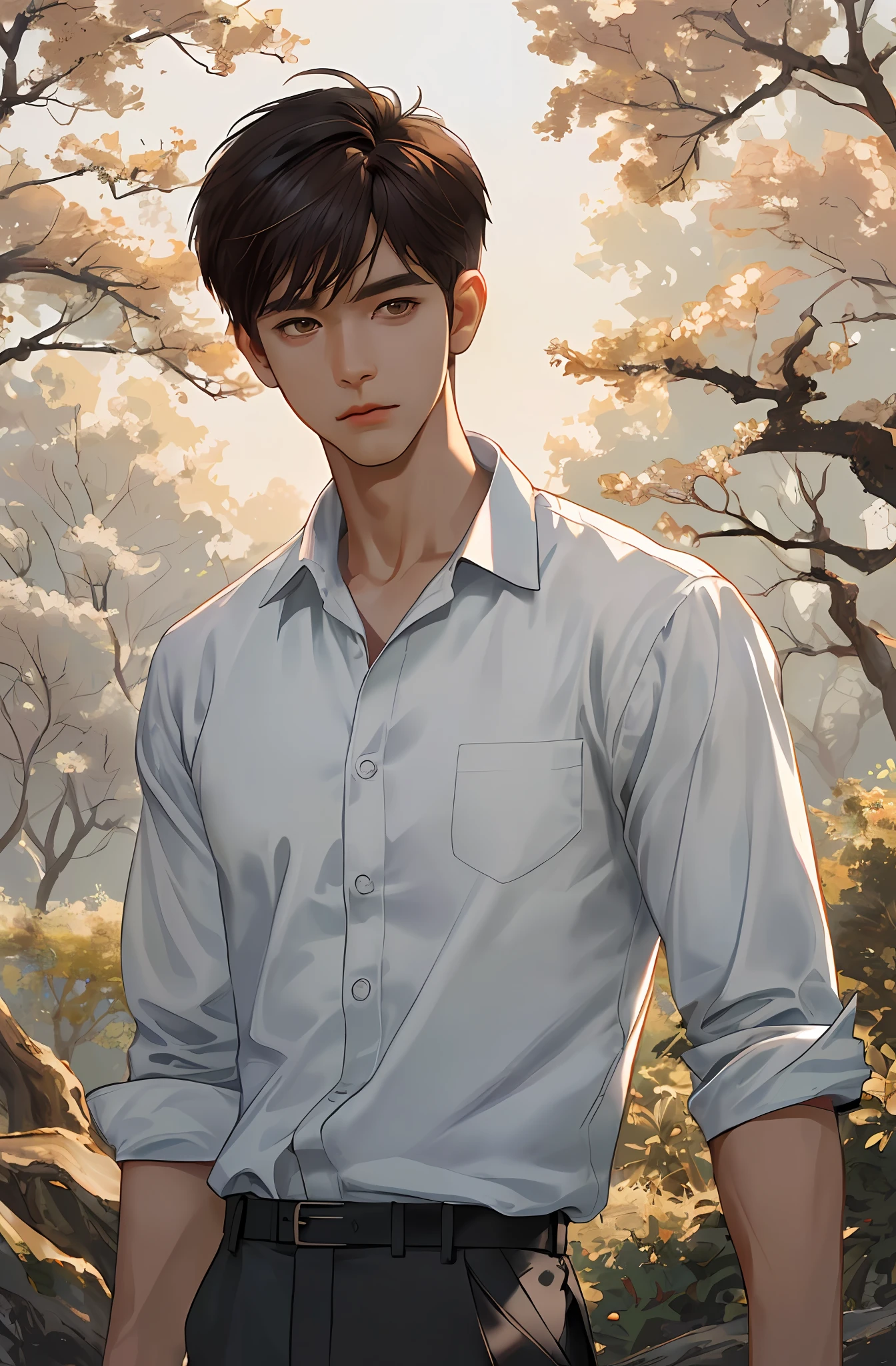(Realism: 1.4), top quality, masterpiece, male, thin, (1 man, solo, white loose shirt, black pants, viewer watch, brown hair, gray eyes, closed mouth, upper body), (white background), (idol face, Korean face, sharp eyeliner) (male), (face focus, pottrait, movie lightning), (light spring theme, short hair men)