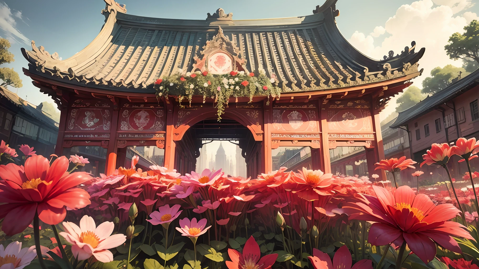 In the early morning, look at the red and wet place, in the splendid official city, the flowers overlap, like a brocade drapery, the picture is beautiful, and the details are extremely exquisite. --auto --s2