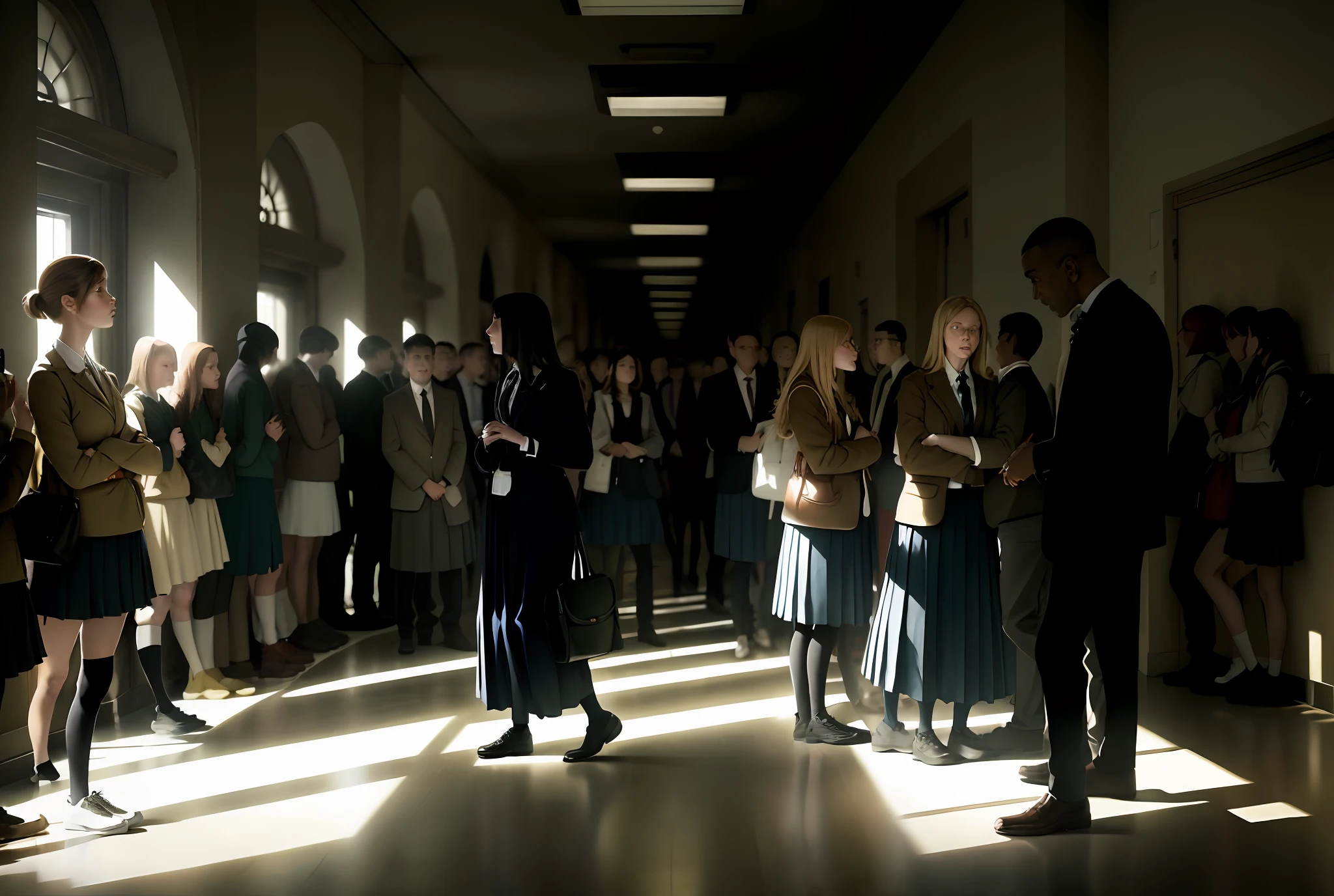 (crowd of people:1.2) standing and talking in a (school hallway:1.1), (muted colors), (creepy), [no eyes], cinematic.