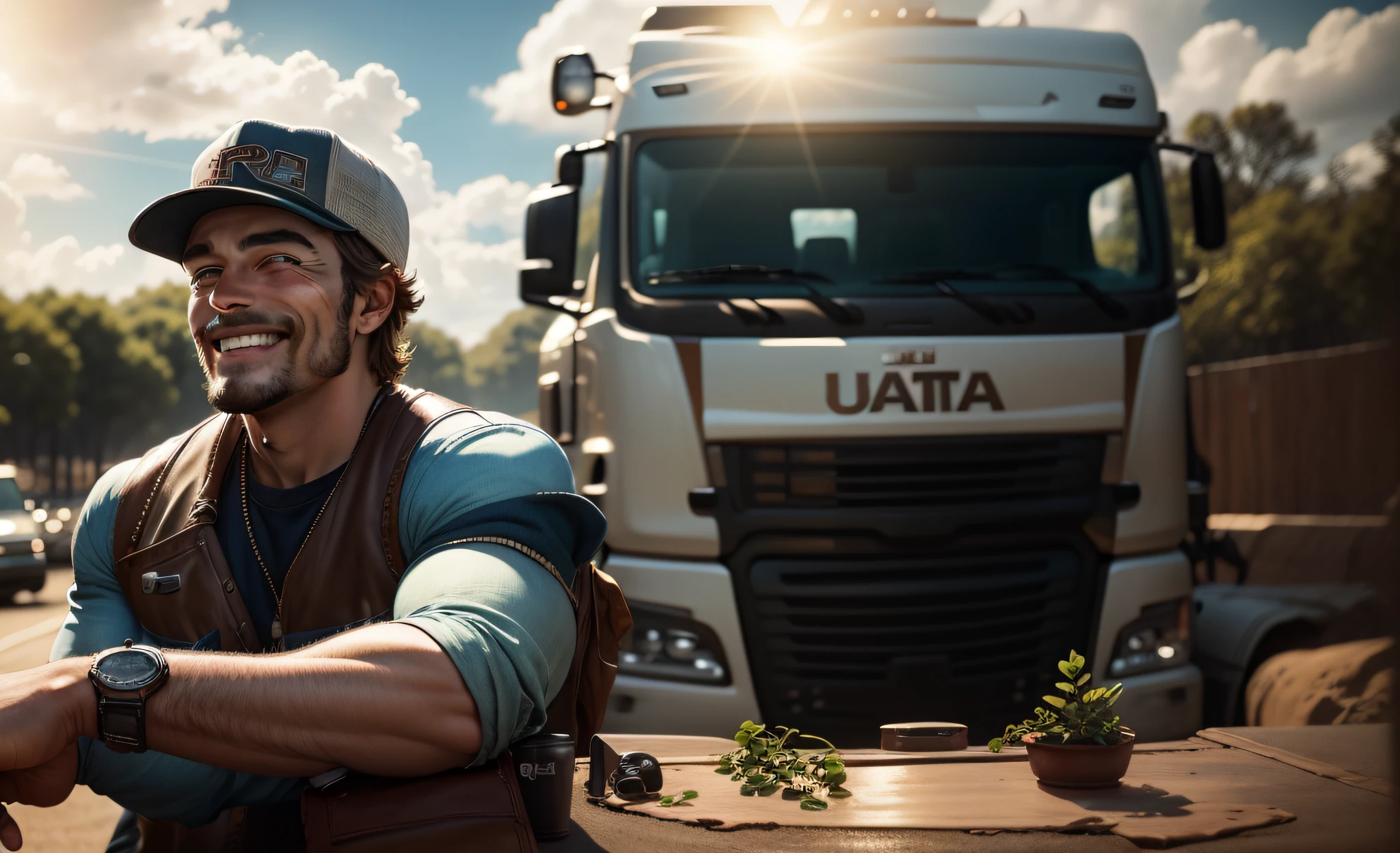Trucker with cap outside the new truck smiling (ultra realistic, cinematic details) --auto --s2