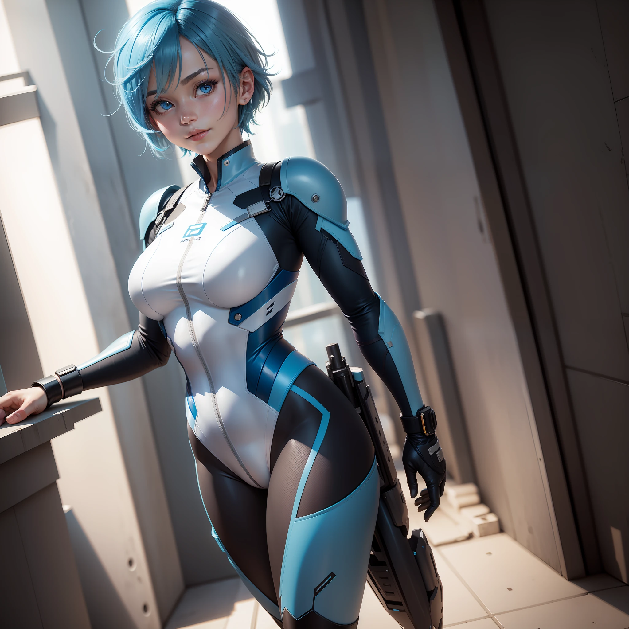Full body, landscape orientation, blue hair shorthair girl, space cadet girl, smooth anime CG art, photorealistic girl rendering, beautiful girl, 3d anime girl, futuristic anime girl, dynamic angle, dynamic pose, short hair, sparkly blue color eyes, white and blue and black color pilot suit Tight Fit Clothes, Full Body Covering Clothes, Knee Boots, Beauty, Medium, Shirt Lift, Metal Wire, Slim Body, Arm Length Gloves, Gentle Smile, Cheerful, Lovely, Slim Body, Exoskeleton