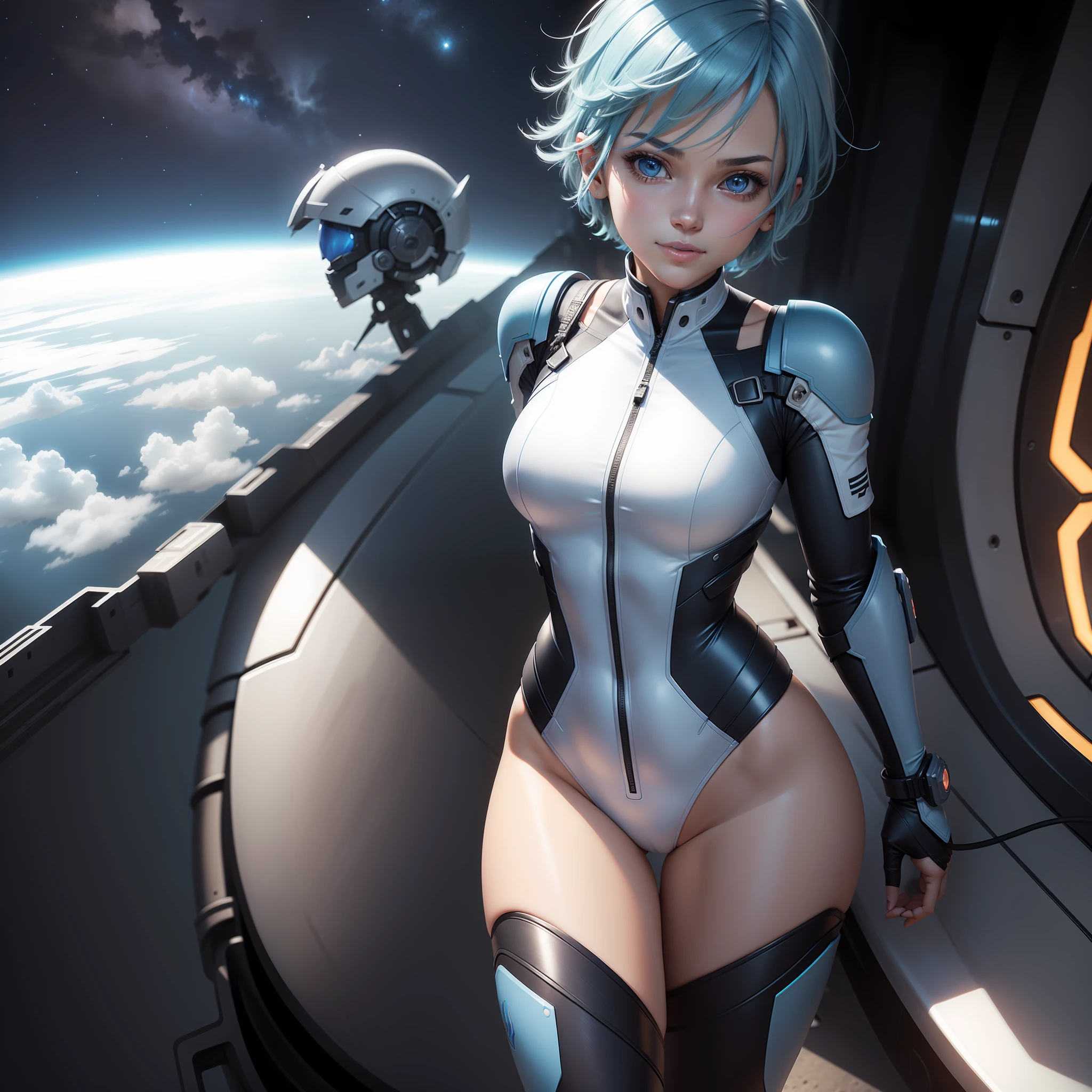 Full body, landscape orientation, blue hair shorthair girl, space cadet girl, smooth anime CG art, photorealistic girl rendering, beautiful girl, 3d anime girl, futuristic anime girl, dynamic angle, dynamic pose, short hair, sparkly blue color eyes, white and blue and black color pilot suit Tight Fit Clothes, Full Body Covering Clothes, Knee Boots, Beauty, Medium, Shirt Lift, Metal Wire, Slim Body, Arm Length Gloves, Gentle Smile, Cheerful, Lovely, Slim Body, Exoskeleton