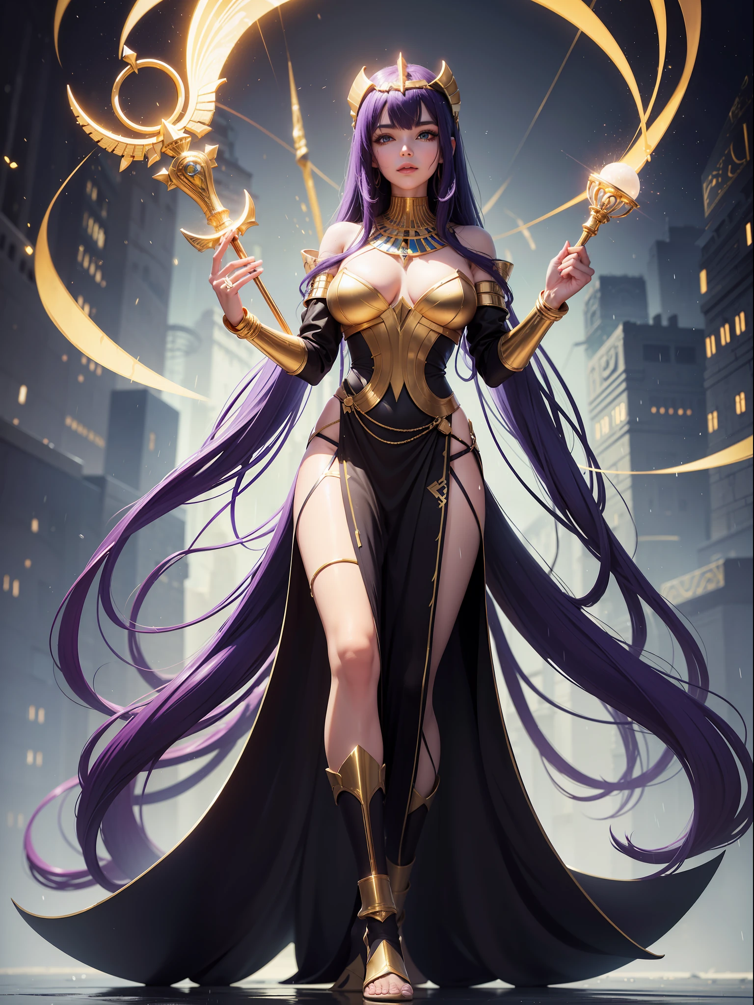 ((Full body photo,standing, feet on the ground)), Saria has large breasts, emo on her head, black color with golden parts/futuristic Egyptian costume, Egyptian necklace on her neck, extremely tight on her body, she is in an ancient Egyptian city is raining and is thundering, she has purple hair, blue eyes, is with her hands closed, holding a pure gold scepter, is looking at the viewer, smiling, face with red cheek, hair and clothing all wet, semi transparent clothing, light makeup on the face, Futurism, 16k, UHD, retina, masterpiece, ccurate, anatomically correct, best quality, high quality, textured skin