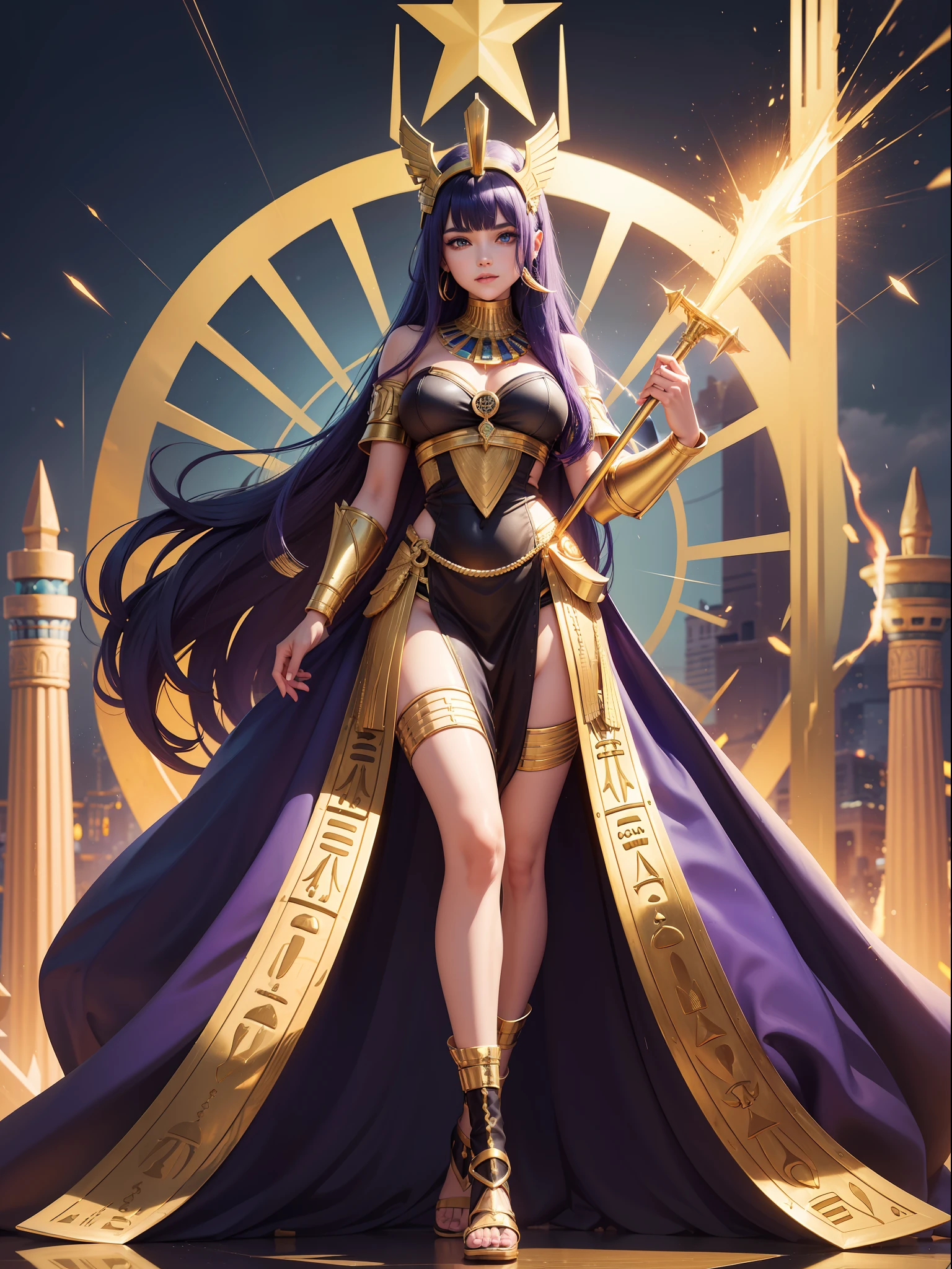 ((Full body photo,standing, feet on the ground)), Saria has large breasts, emo on her head, black color with golden parts/futuristic Egyptian costume, Egyptian necklace on her neck, extremely tight on her body, she is in an ancient Egyptian city is raining and is thundering, she has purple hair, blue eyes, is with her hands closed, holding a pure gold scepter, is looking at the viewer, smiling, face with red cheek, hair and clothing all wet, semi transparent clothing, light makeup on the face, Futurism, 16k, UHD, retina, masterpiece, ccurate, anatomically correct, best quality, high quality, textured skin