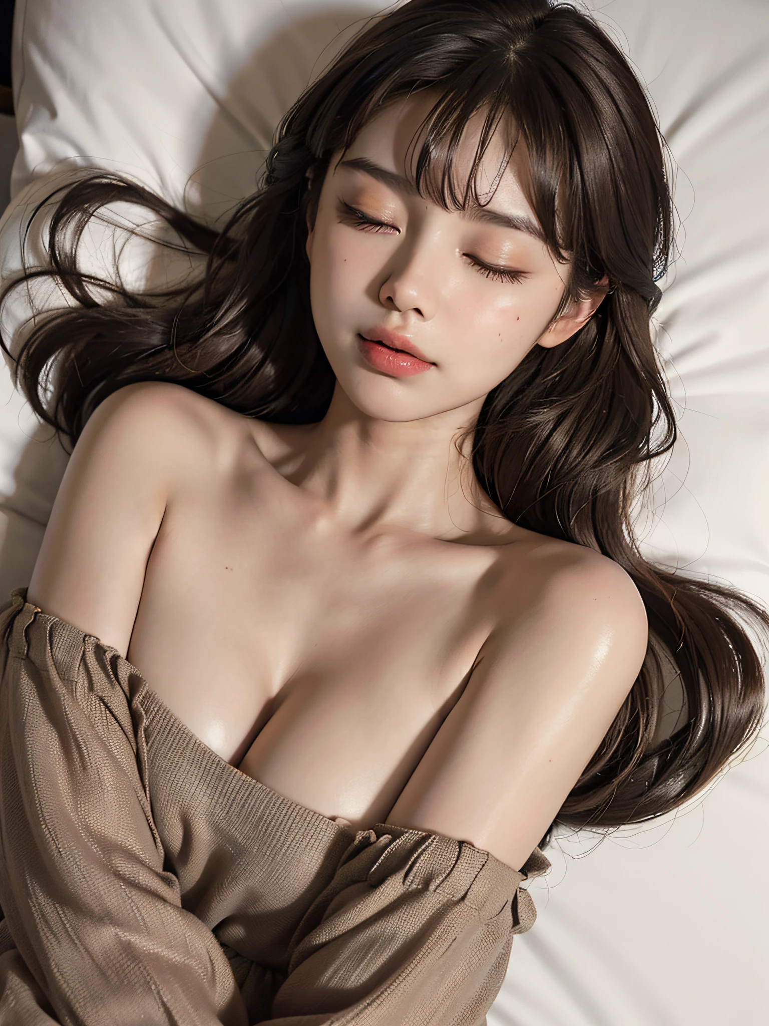 ((Hotel at night, top quality, 8K, masterpiece: 1.3)), dimly lit room, (photorealistic: 1.4)), raw photo, (real skin texture: 1.3, 1 girl, has bangs, (((brown hair, middle chest: 1.3)), long hair, sleeping on your back (on a futon), large eyes, brown eyes, double eyelids, (eyes closed), (upper body), (taken from the front) , ecstatic expression, mouth wide open, shot from above, (undressed)
