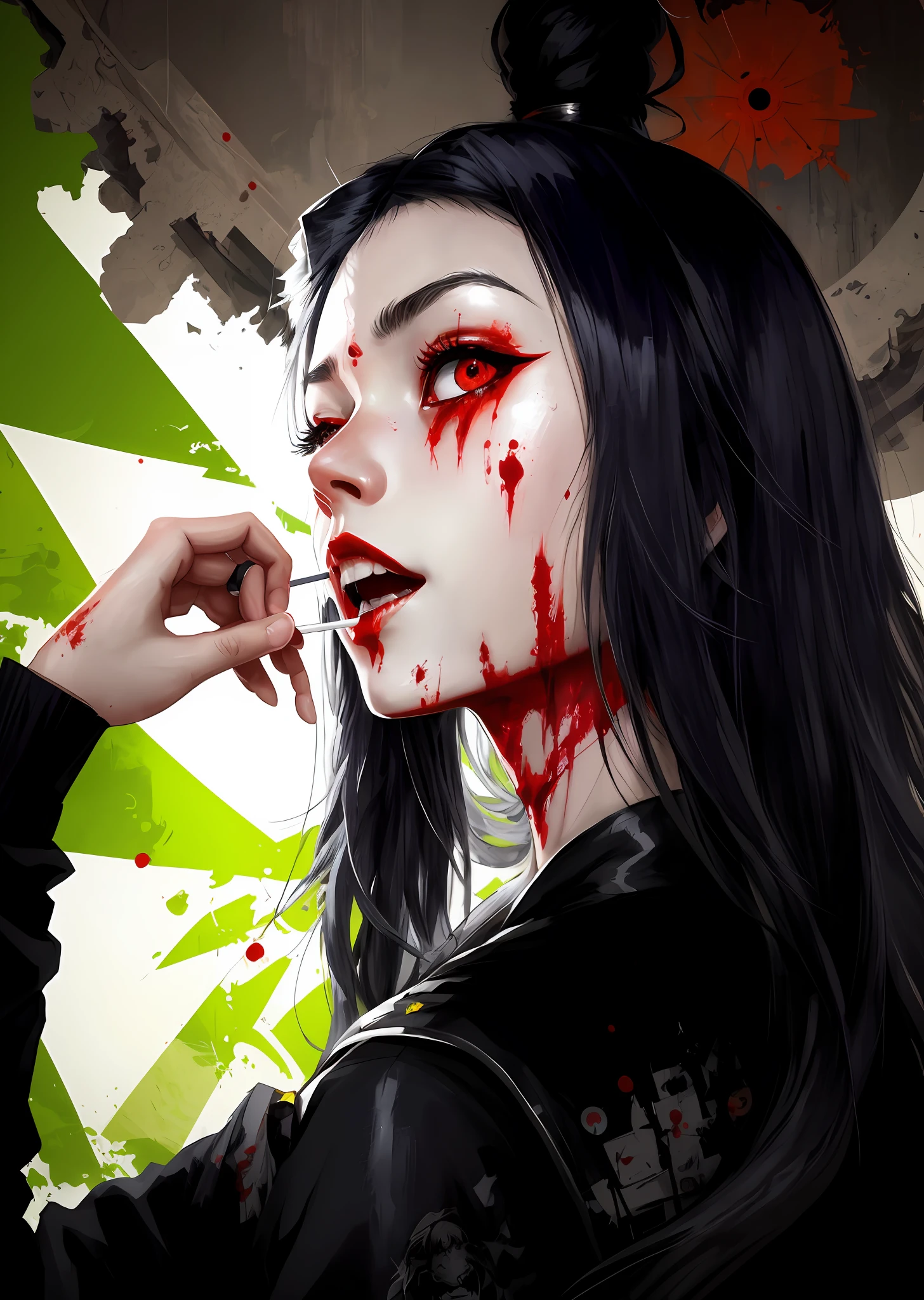 arafed woman with blood on her face brushing her teeth, artwork in the style of guweiz, beautiful zombie, guweiz on artstation pixiv, horrific digital art, junji ito 4 k, realistic anime artstyle, guweiz on pixiv artstation, stunning digital illustration, deviantart artstation cgscosiety, anime styled digital art