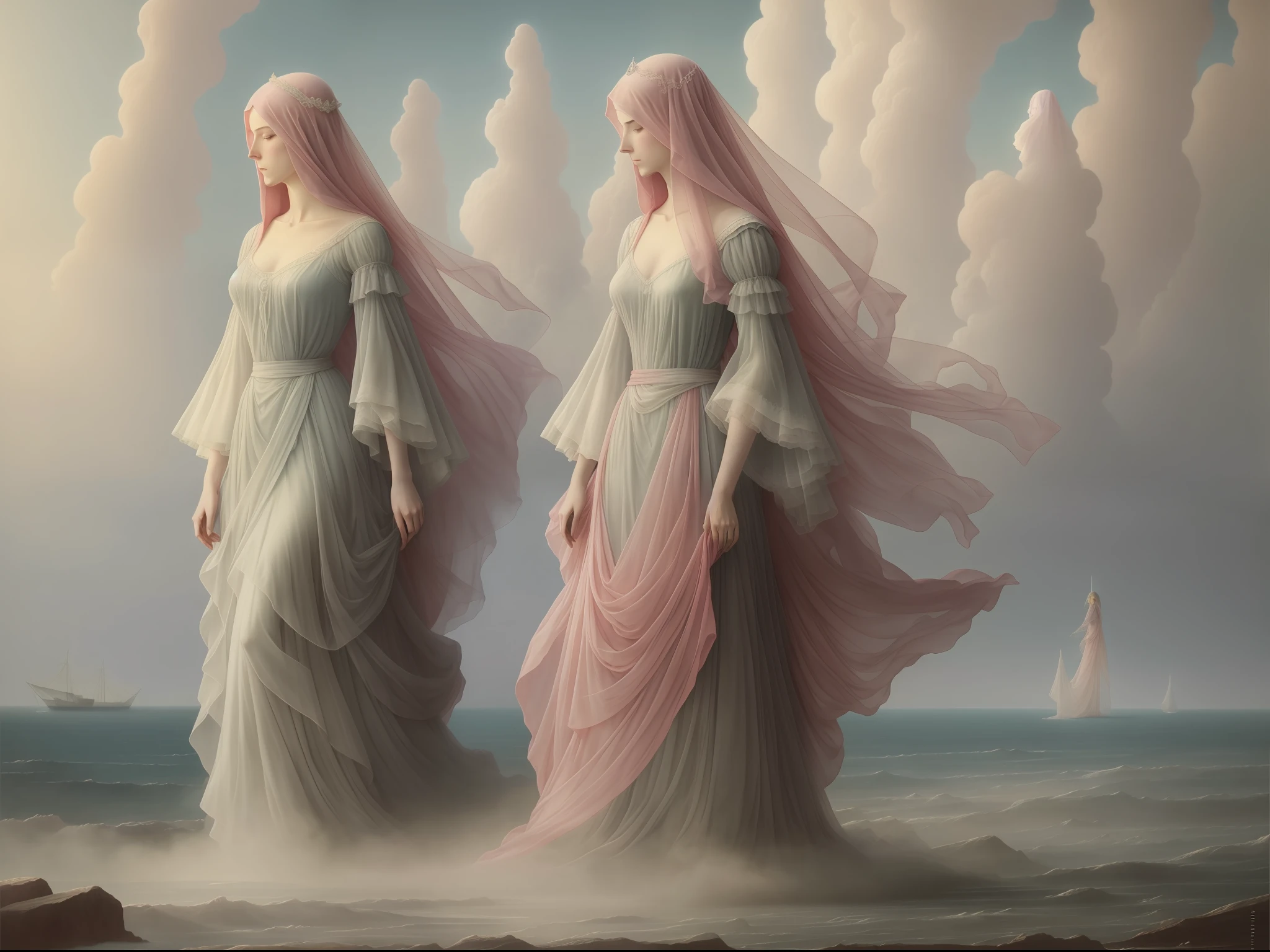 pink semi-transparent figures of ghostly women, ghosts, taffy gauze fabric, misty, landscape, , elegant, artstation, art by Agostino Arrivabene and Peder Balke and John Bauer --auto --s2