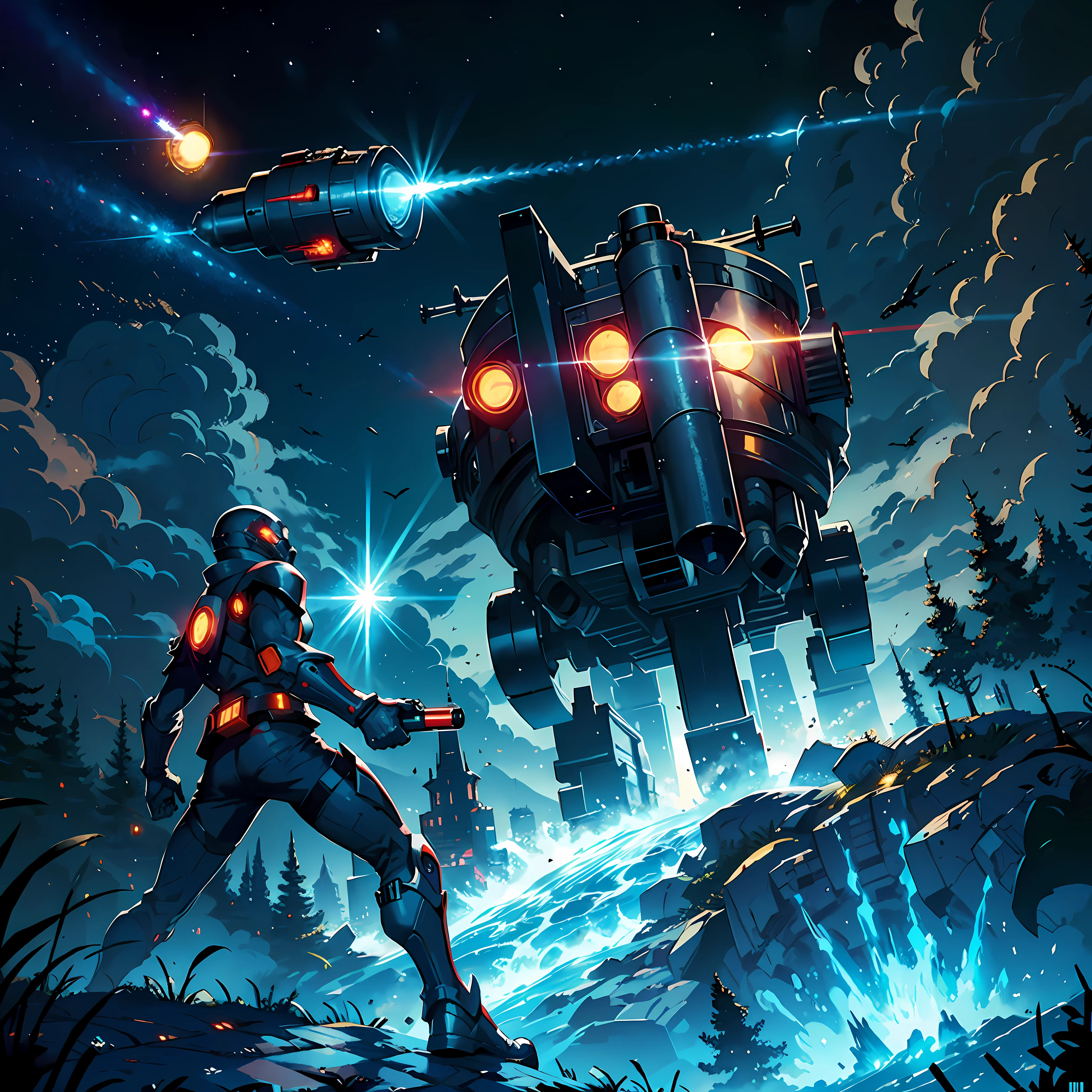 Masterpiece, Best Quality: 1.2), (1 Laser Cannon: 1.5), Laser, (Monster: 1.2), (Sky: 1.2),