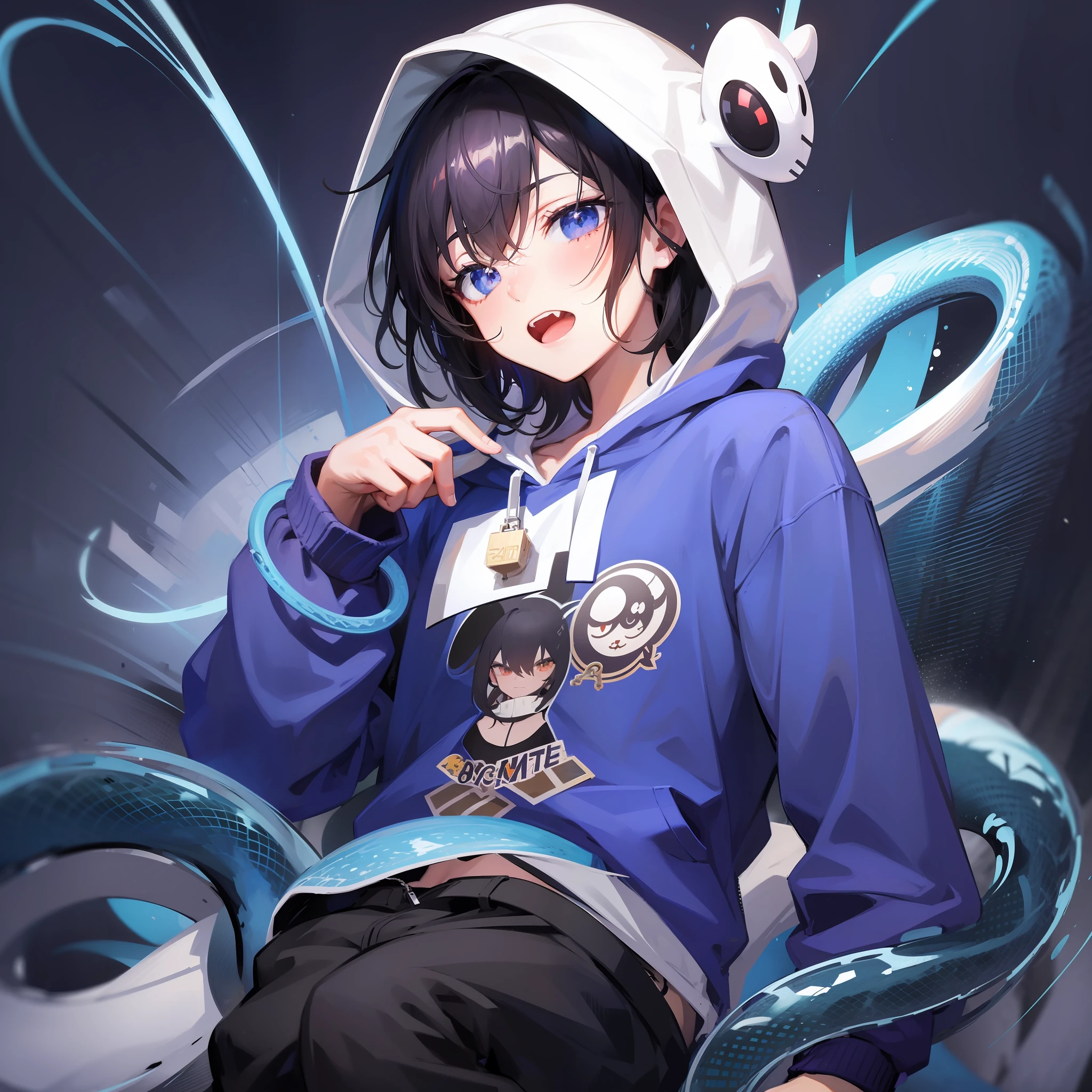 Boy in hoodie with index finger to mouth, facing camera, upper body, snake sticker, key anime art, projectile on broken digital art, anime art wallpaper 8K, anime style 4K, badass anime 8K