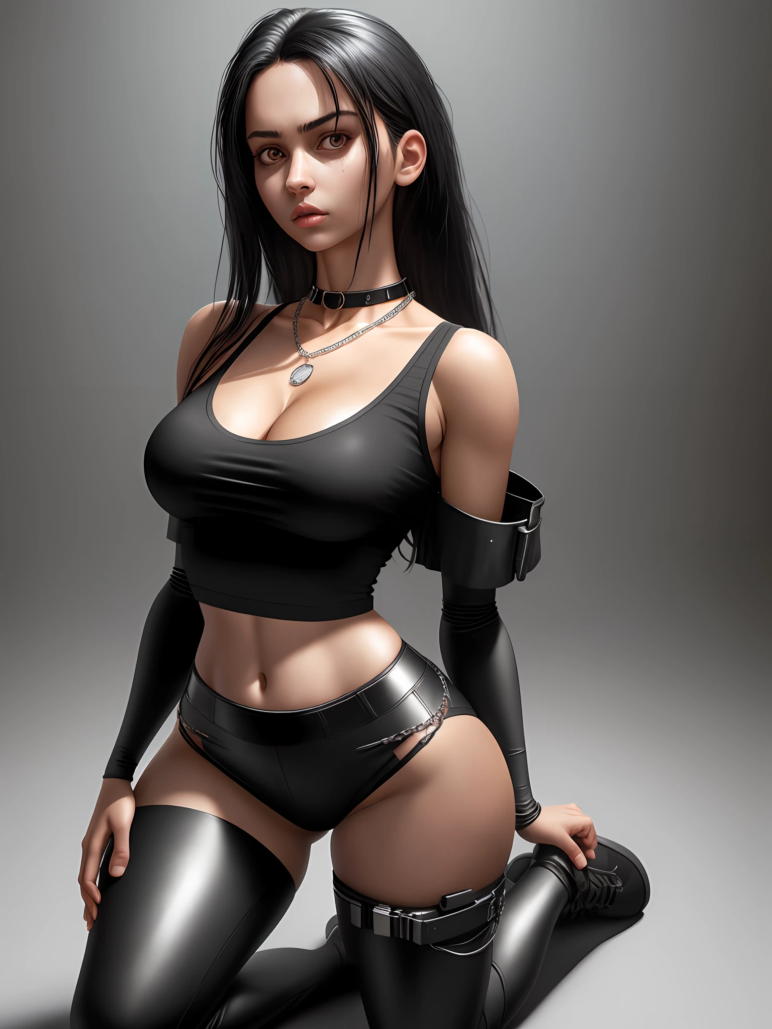 Body top, extremely detailed clothing, black hair, large-breasted girls with cleavage, thin strap-on shirt, bare shoulders, (((photorealism)))), cyber realism, 16k, (1girl), collar, neck chain, kneeling, extremely realistic skin, clothing with details, hands pinned back, side photo