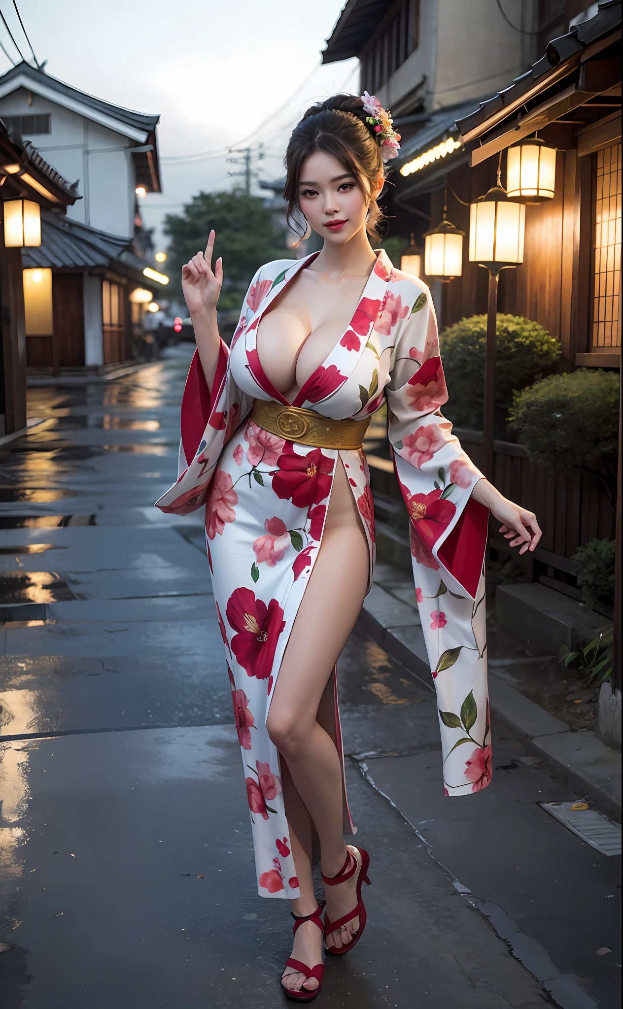 Full body,1girl,standing ryokan,warm smile(Perfect figure,be tall and slim),solo,(outdoor:1),sky,Focus on the face,looking at the viewer,Beautiful face,cute Japanese girl,Detailed delicate young face,oiled skin,(updo hair, sexy kimono, floral print, colourful),(beautiful breasts,Big tits:1.2,big breasts:1.1),(nice hip),thigh gap, vivid picture,masterpiece, (best quality:1.2),ultra-detailed,realistic,High definition,High quality,Cinematic Light,Ray tracing,ultra high res,UHD,(photorealistic:1.4),intricate details,detailed texture,finely detailed,High quality shadow, hanoi city background