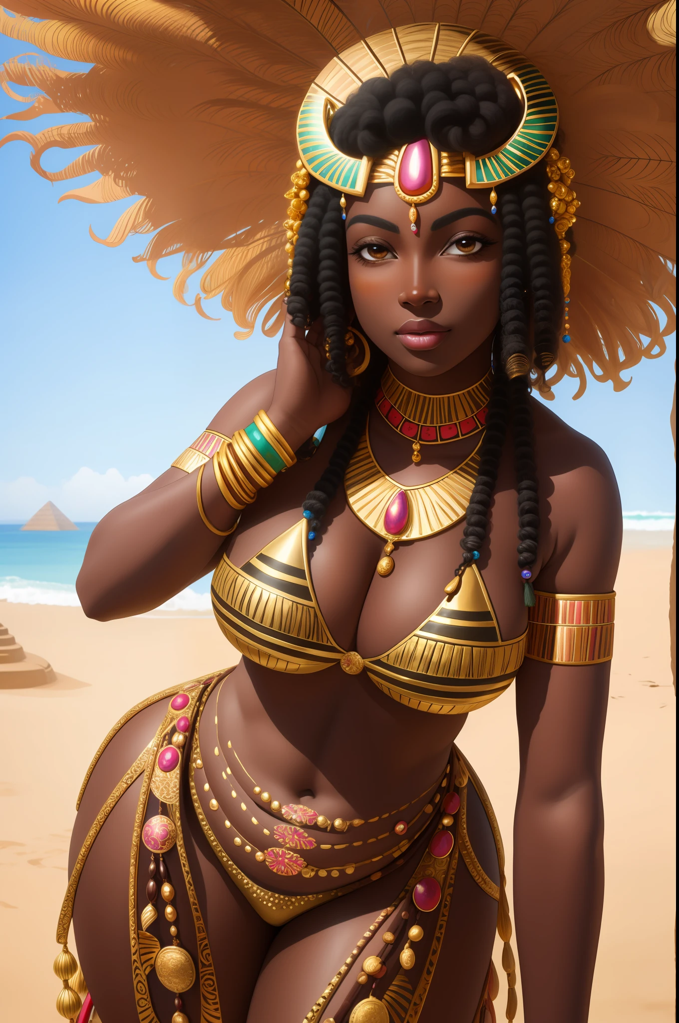 beautiful african goddess, luxuriant afro-textured messed rainbow hair, dark skin, heterochromia eyes, really curly hair, round belly voluptuous body, extreme tanned skin, extreme long black straight hair messes over naked boobs, huge chocolate headdress, big cheeks, long legs, curvy, chocolate and golden breast painting, breast painted golden and chocolate, egyptian golden and chocolate facial painting, oasis detailed outdoor background
