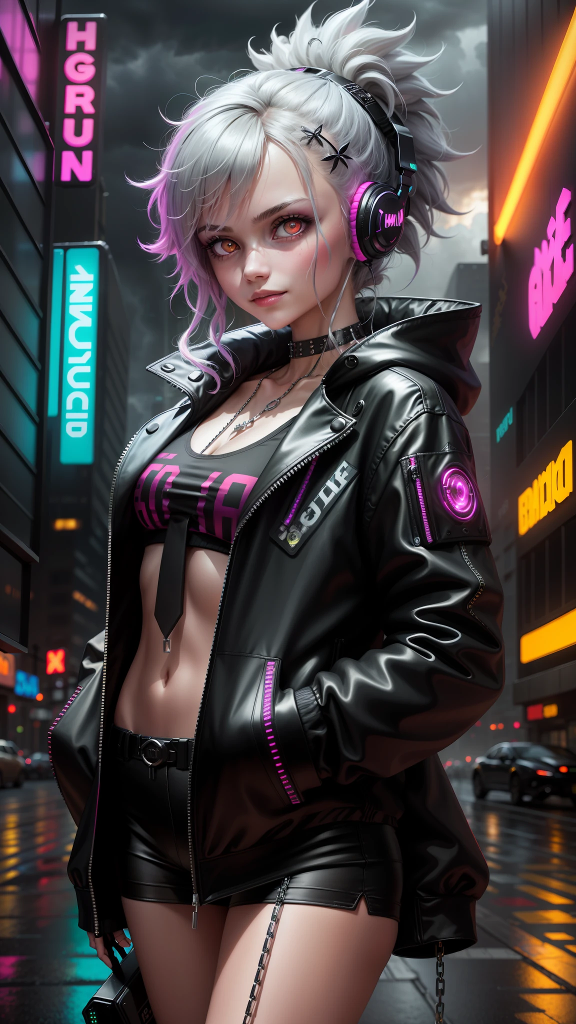 A highly detailed portrait of a solo 1girl standing on a street corner, during a rainstorm with lightning strikes and a cloudy sky, neon and cyberpunk background, she is wearing punk clothes with silver chains and silver spikes, she has a butterfly wing hairclip in her wild hair, she has headphones and a necktie on, petite, detailed glowing red eyes with distinct pupils, ominous aura Halo, smile, punk, cyberpunk, backlighting, masterpiece, best quality, intricate detail, absurdres
