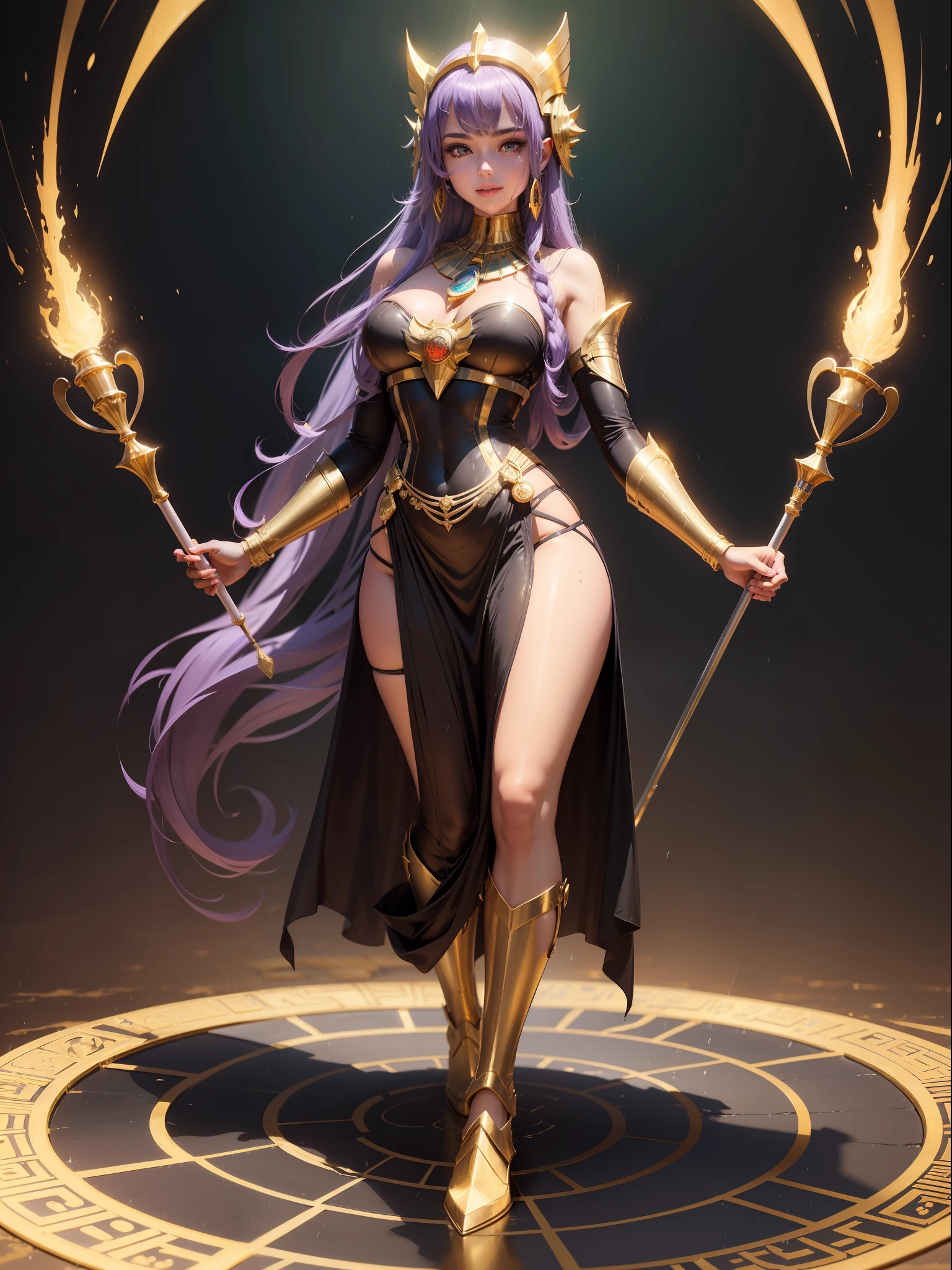 ((Full body photo,standing, feet on the ground)), Saria has large breasts, helmet on her head, black color with golden parts/futuristic Egyptian costume, Egyptian necklace on her neck, extremely tight on her body, (in an ancient Egyptian city it's raining and it's thundering), she has purple hair, blue eyes, she's got her hands closed, holding a pure gold scepter, is looking at the viewer, smiling, face with red cheek, hair and clothing all wet, semi transparent clothing, light makeup on the face, Futurism, 16k, UHD, retina, masterpiece, ccurate, anatomically correct, best quality, high quality, textured skin