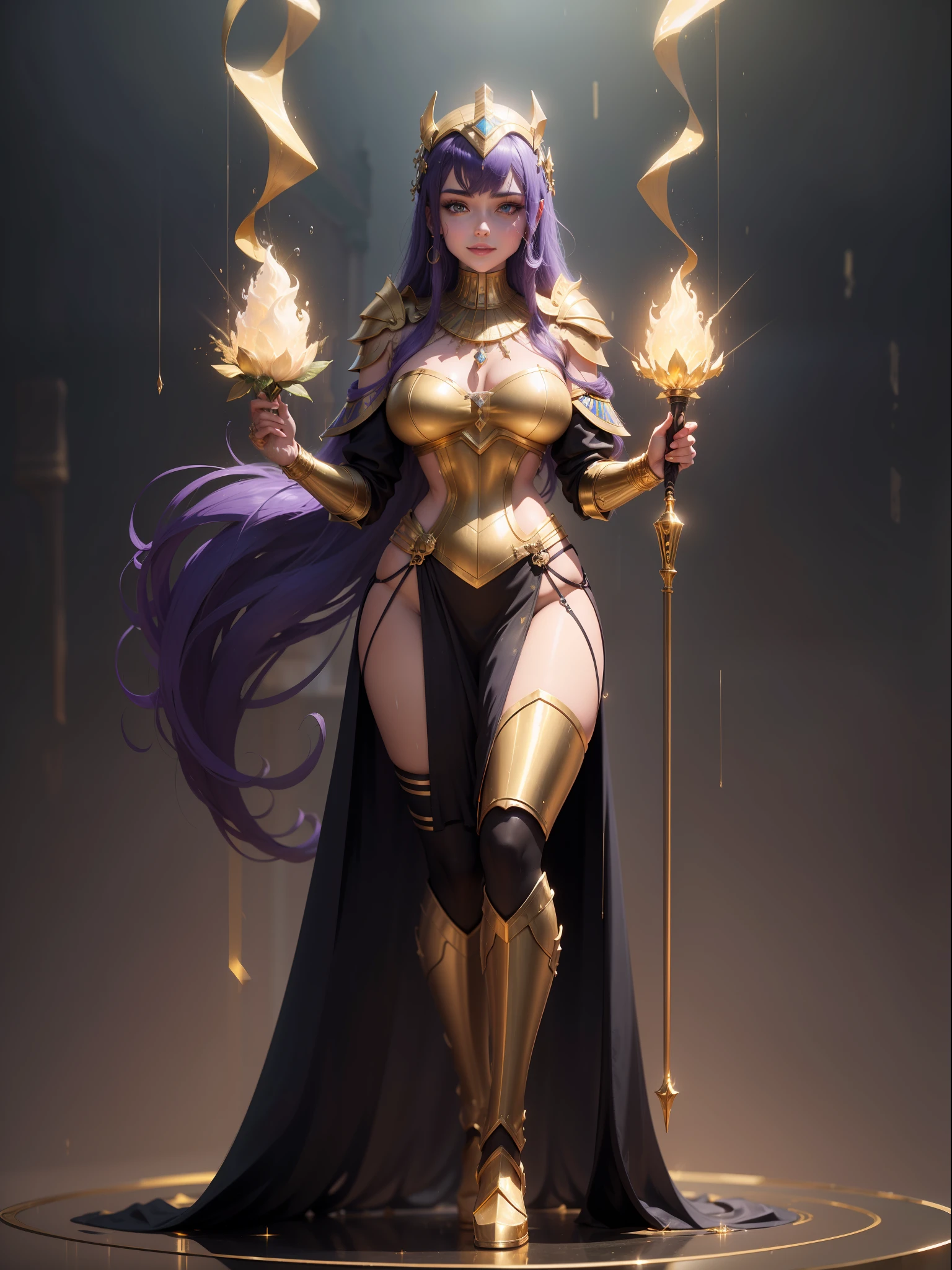 ((Full body photo,standing, feet on the ground)), Saria has large breasts, helmet on her head, black color with golden parts/futuristic Egyptian costume, Egyptian necklace on her neck, extremely tight on her body, (in an ancient Egyptian city it's raining and it's thundering), she has purple hair, blue eyes, she's got her hands closed, holding a pure gold scepter, is looking at the viewer, smiling, face with red cheek, hair and clothing all wet, semi transparent clothing, light makeup on the face, Futurism, 16k, UHD, retina, masterpiece, ccurate, anatomically correct, best quality, high quality, textured skin