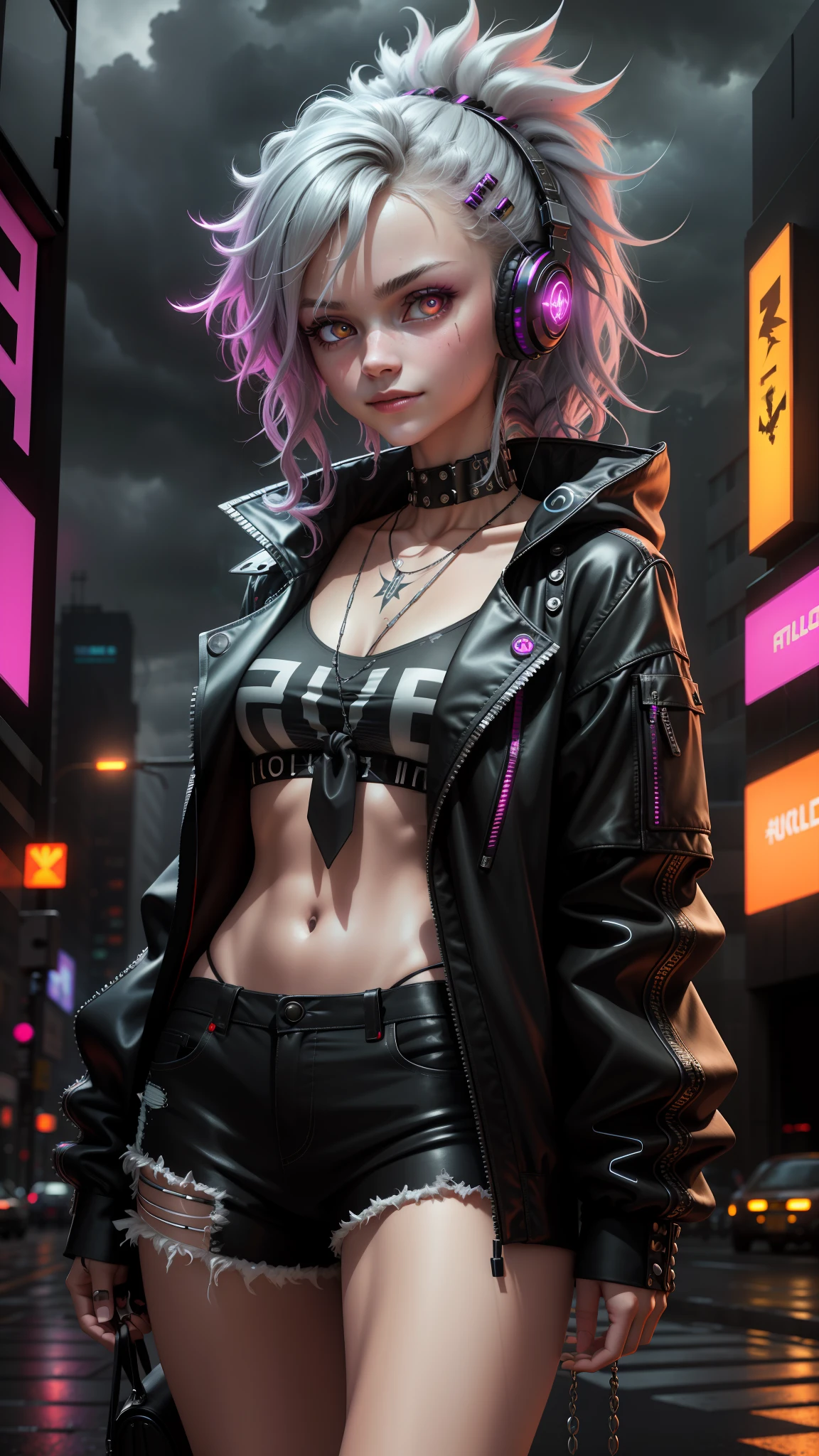 A highly detailed portrait of a solo 1girl standing on a street corner, during a rainstorm with lightning strikes and a cloudy sky, neon and cyberpunk background, she is wearing punk clothes with silver chains and silver spikes, she has a butterfly wing hairclip in her wild hair, she has headphones and a necktie on, petite, detailed glowing red eyes with distinct pupils, ominous aura Halo, smile, punk, cyberpunk, backlighting, masterpiece, best quality, intricate detail, absurdres