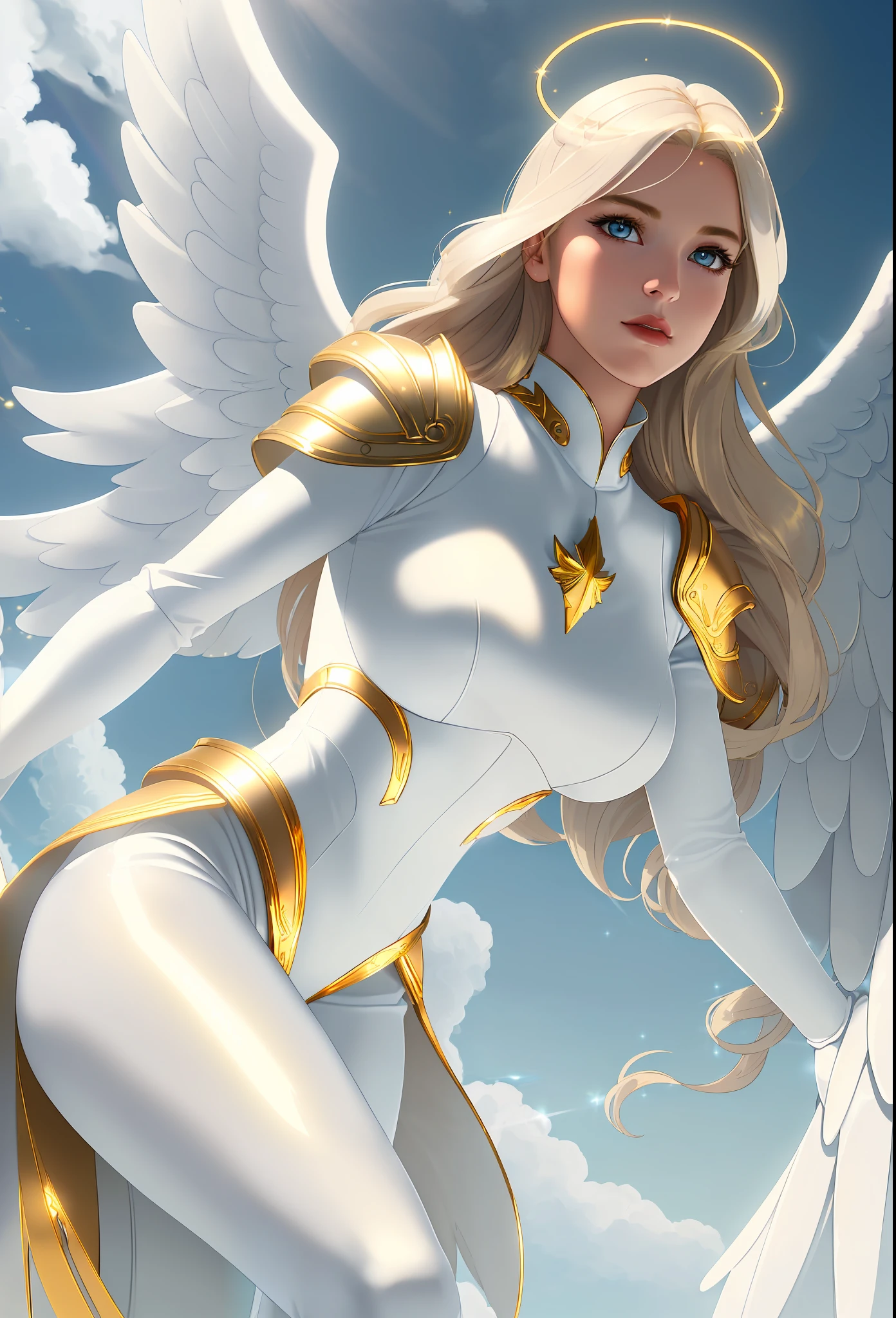 ((best quality)), ((masterpiece)), ((ultra realistic)), (dynamic sexy pose), RAW,, a beautiful blonde female archangel, Soft facial features, feathered white wings, (white enamel armor with detailed gold parchment work), (((pure white silk)), ((shining gold halo))), in the sky, (clouds lined with celestial gold), professional full-body shooting, dramatic cinematic lighting, neon edge lighting,