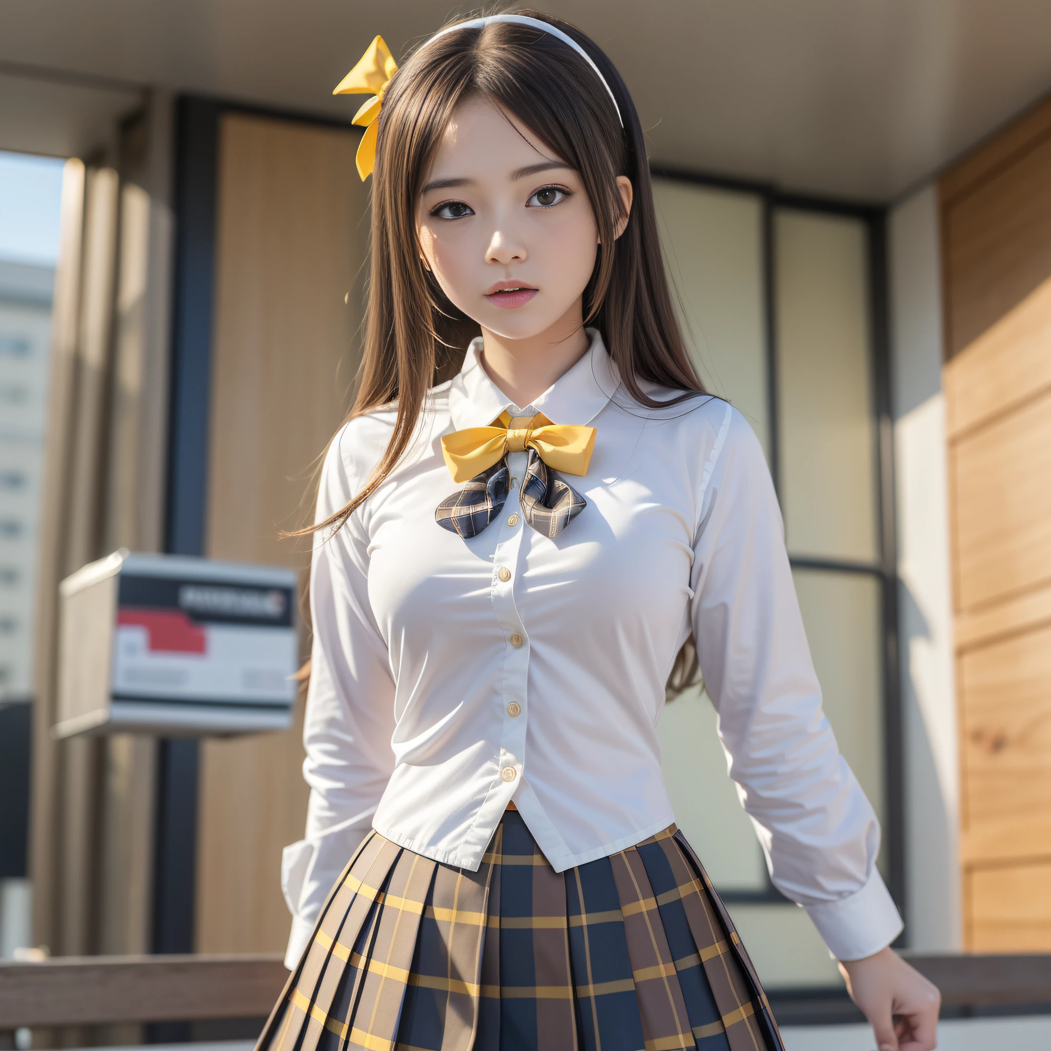 (8K, Best Quality, Masterpiece: 1.2), Realistic, Ultra High Resolution, Intricate Details, 1 Girl, Beautiful Face, JK Suit, White Shirt, Yellow Bow Tie, Yellow Skirt, Plaid Skirt, Pleated Skirt, Upper Body, Standing, Wide Angle Lens, Surreal Schoolgirl, Surreal Schoolgirl, Realistic Anime 3 D Style, Realistic Schoolgirl, Smooth Anime CG Art, 3 D Anime Realistic, Beautiful Anime High School Girls, Sakimichan HDRI, Fantastic school student uniform, realistic anime, realistic young anime girl (8K, best quality, masterpiece: 1.2), realistic, super high resolution, intricate details, 1 girl, beautiful face, JK suit, white shirt, upper body