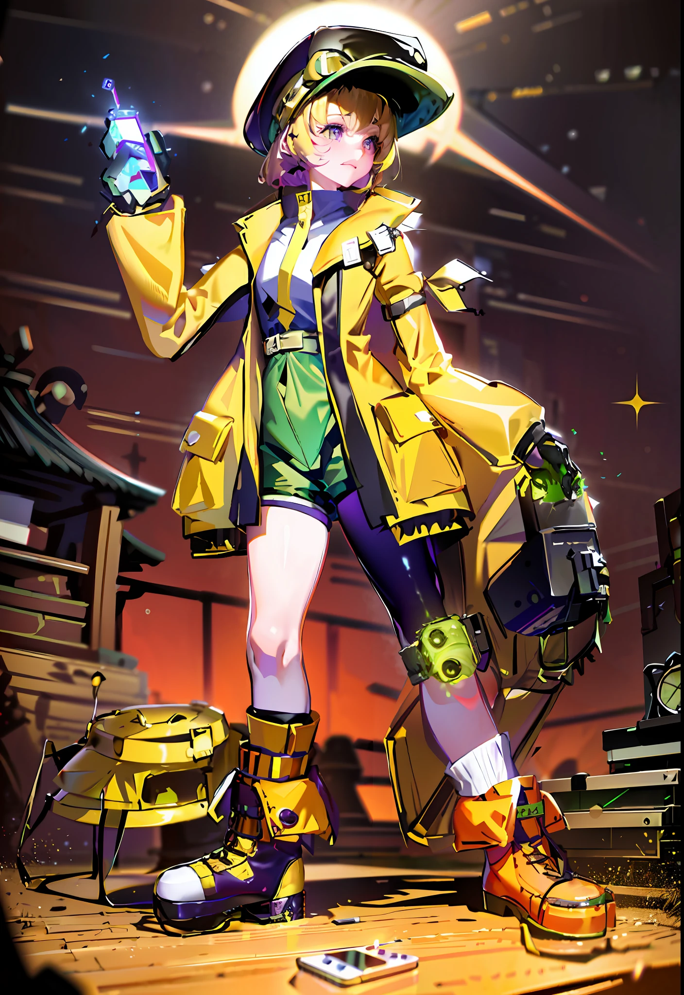 Realistic, super high resolution, best picture quality, masterpiece, extremely delicate girl, purple eyes, blonde hair, dark green clothes, khaki shoes, yellow-green hat, white shirt, looking at the audience, slender legs, blushing, shyness, (battlefield, night, explosive fireworks), ((trench coat, shorts, martin boots), shorts, one leg knee pads, high pants, striped socks, big hat, goggles on hat, remote control in hand, large sci-fi weapon in the other hand, looking up, emphasis on thighs)), ( YaeMiko, yae sakura : 1.3), (realism: 1.4), (ulzzang-6500-v1.1:0.66),