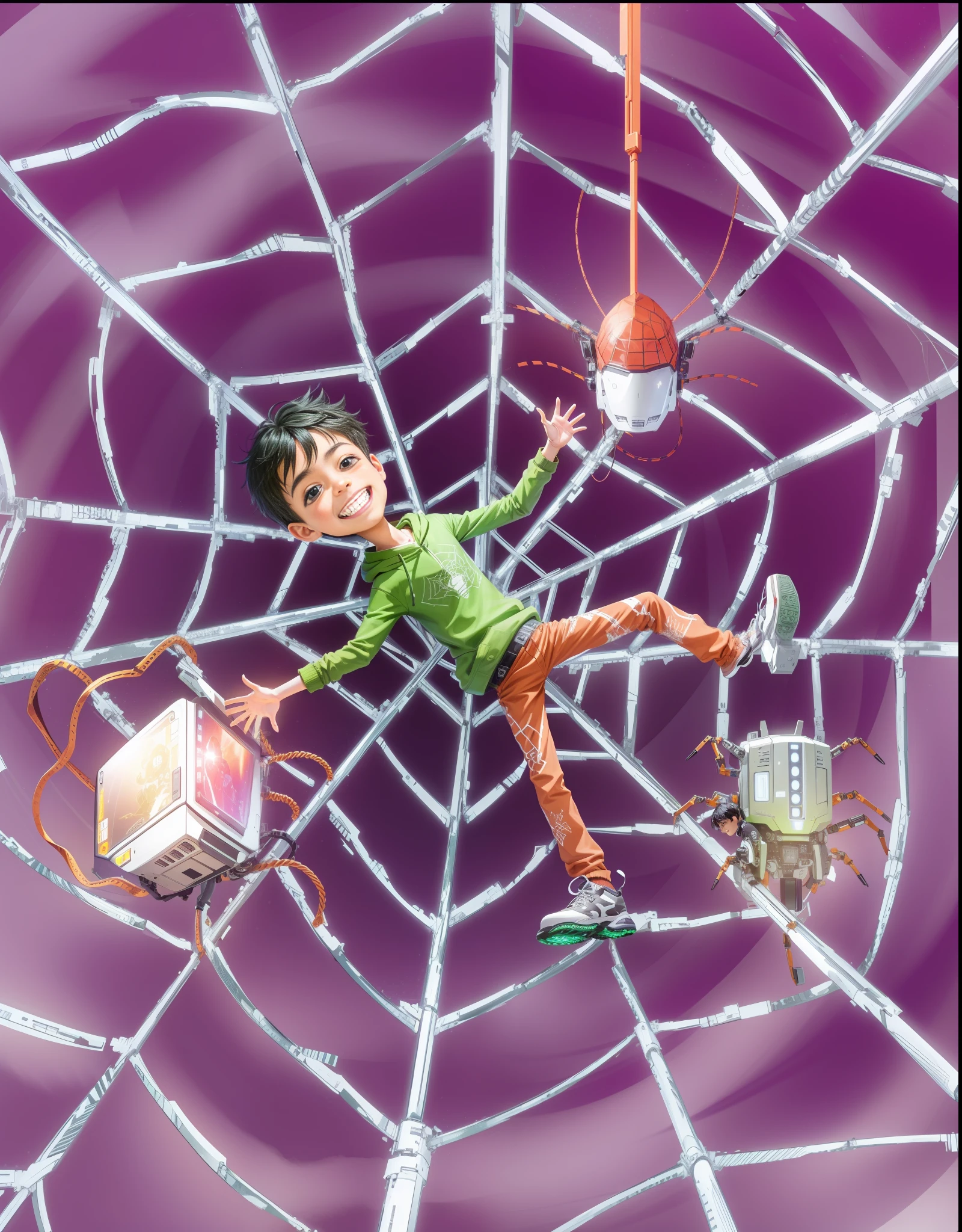 A little boy is trapped in a robotic spiderweb, boy wearing green hoodie, brown pants, sneakers, black hair, boy with pained expression, grinning, computer and keyboard with robotic feet, lighting, HD, 8k