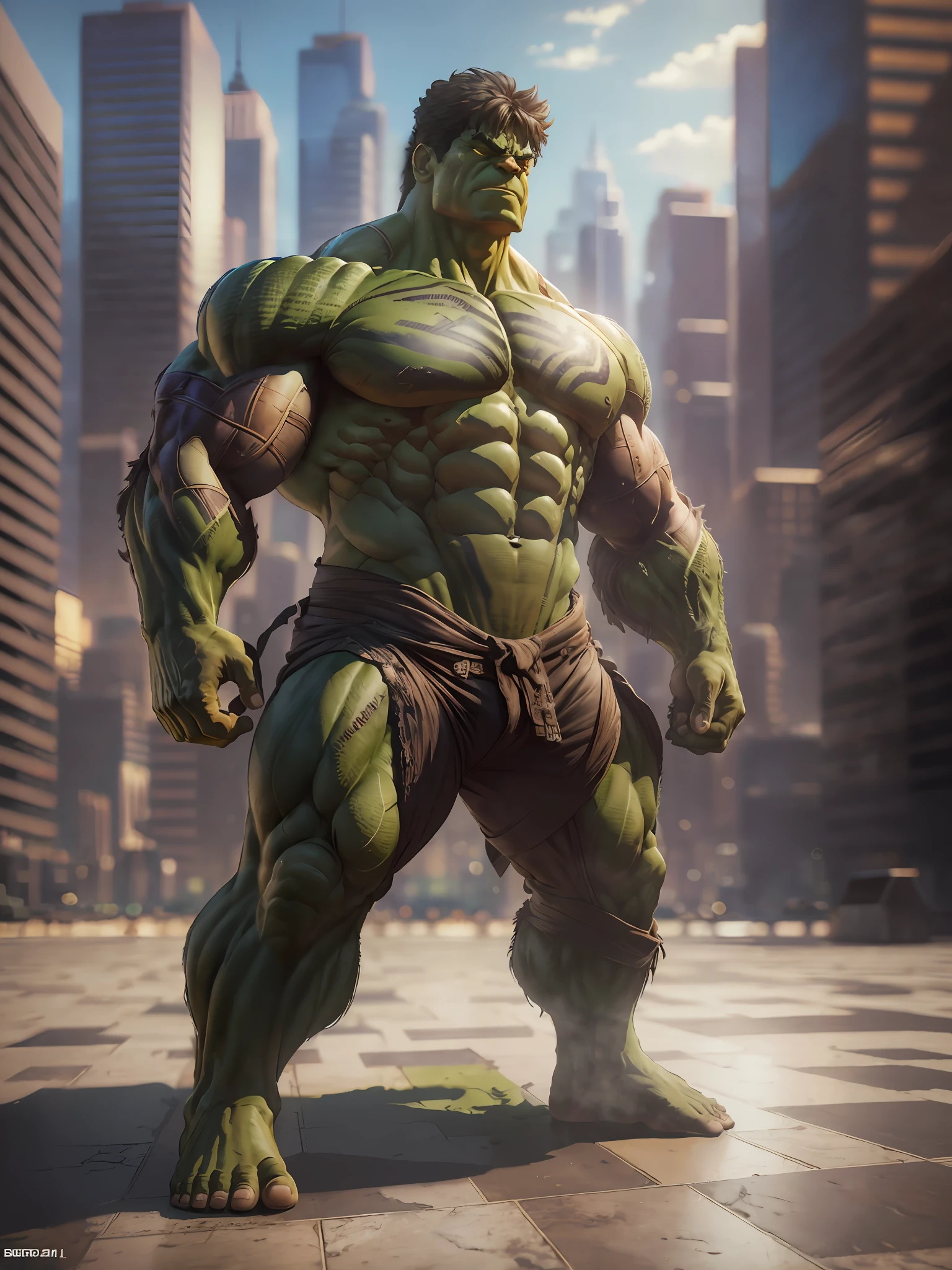 hulk ((proud expression)), masterpiece, best quality, ultra-detailed, floor, city background, shadows, contrast, clear sky, style (look at viewer: 1.2) (skin texture) (film grain: 1.3), ultra-high resolution, octane rendering, 16k --auto --s2