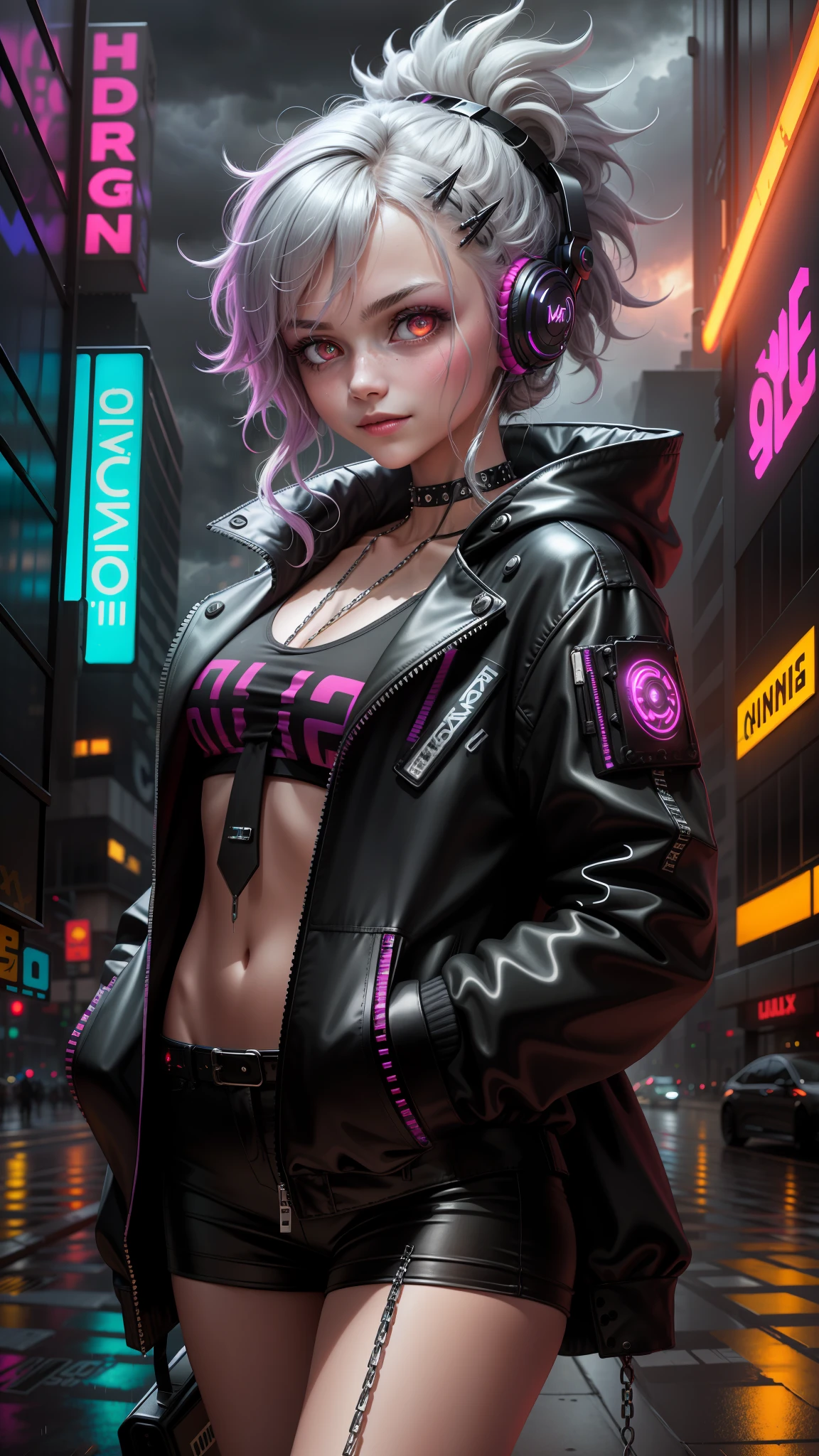 A highly detailed portrait of a solo 1girl standing on a street corner, during a rainstorm with lightning strikes and a cloudy sky, neon and cyberpunk background, she is wearing punk clothes with silver chains and silver spikes, she has a butterfly wing hairclip in her wild hair, she has headphones and a necktie on, petite, detailed glowing red eyes with distinct pupils, ominous aura Halo, smile, punk, cyberpunk, backlighting, masterpiece, best quality, intricate detail, absurdres
