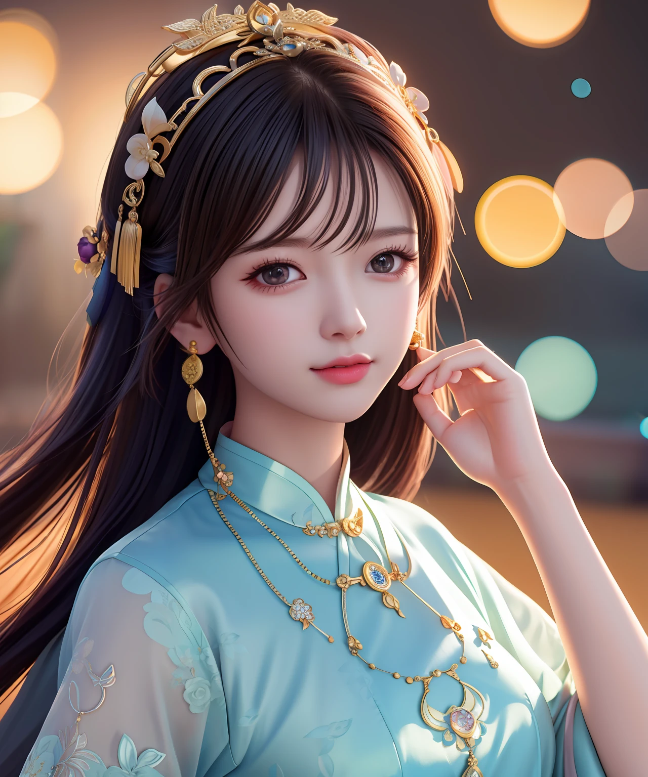 Best Quality, Masterpiece, Hi-Res, One Girl, Cheongsam, Headwear, Necklace, Jewelry, Beautiful Face, upon_body, Tyndall Effect, Photorealistic, Dark Studio, Rim Lighting, Two-Tone Lighting, (High Definition Skin: 1.2), 8k uhd, dslr, soft lighting, high quality, volumetric lighting, candid, photography, high resolution, 4k, 8k, bokeh,