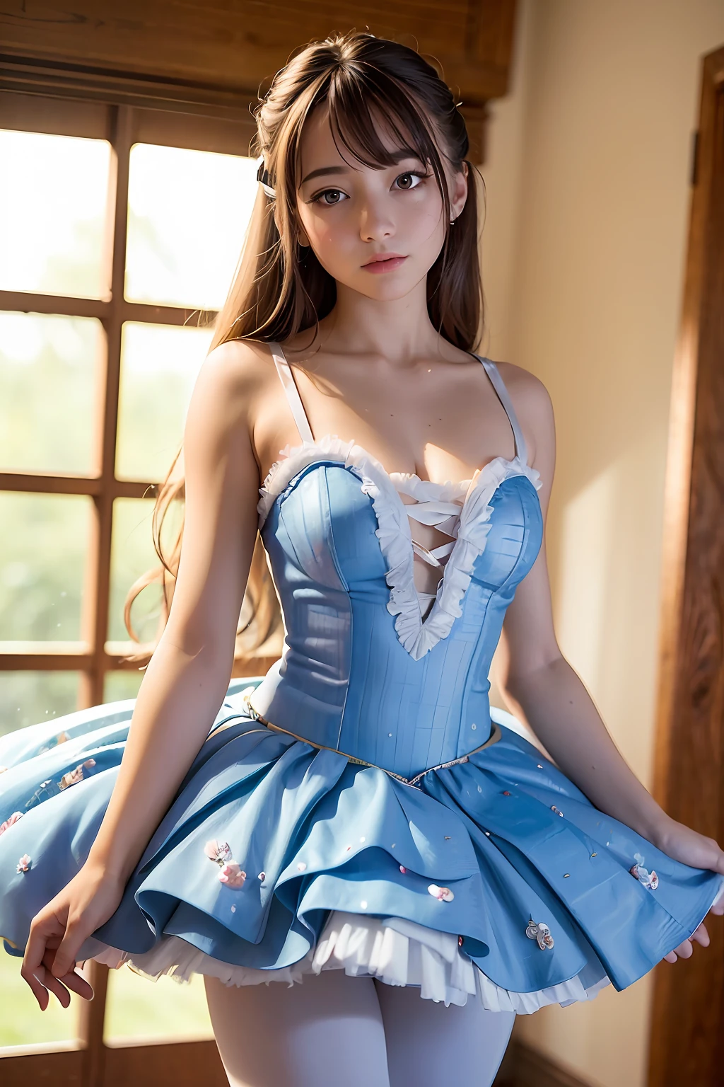 (best quality, 8k, 32k, masterpiece, uhd:1.2), (RAW photo), (realistic:1.13), (photorealistic:1.12), (absurdres, high resolution), (ultra detailed), hdr, (huge filesize:1.2), 1girl, (loli:1.3), cute, extremely detailed beautiful face & eyes, small face, thin waist, thin thighs, slender body, cleavage, (cowboy shot:1.15), (sweaty:1.15), bare legs, Primaballerina_tutu,