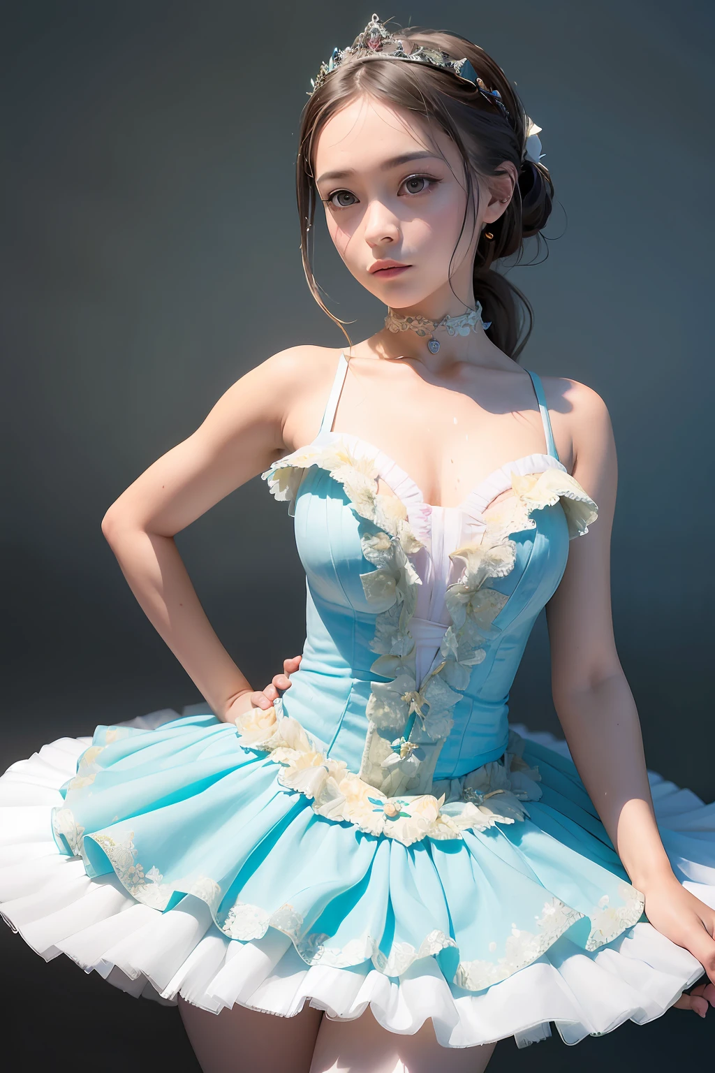 (best quality, 8k, 32k, masterpiece, uhd:1.2), (RAW photo), (realistic:1.13), (photorealistic:1.12), (absurdres, high resolution), (ultra detailed), hdr, (huge filesize:1.2), 1girl, (:1.3), cute, extremely detailed beautiful face & eyes, small face, thin waist, thin thighs, slender body, cleavage, (cowboy shot:1.15), (sweaty:1.15), bare legs, Primaballerina_tutu,