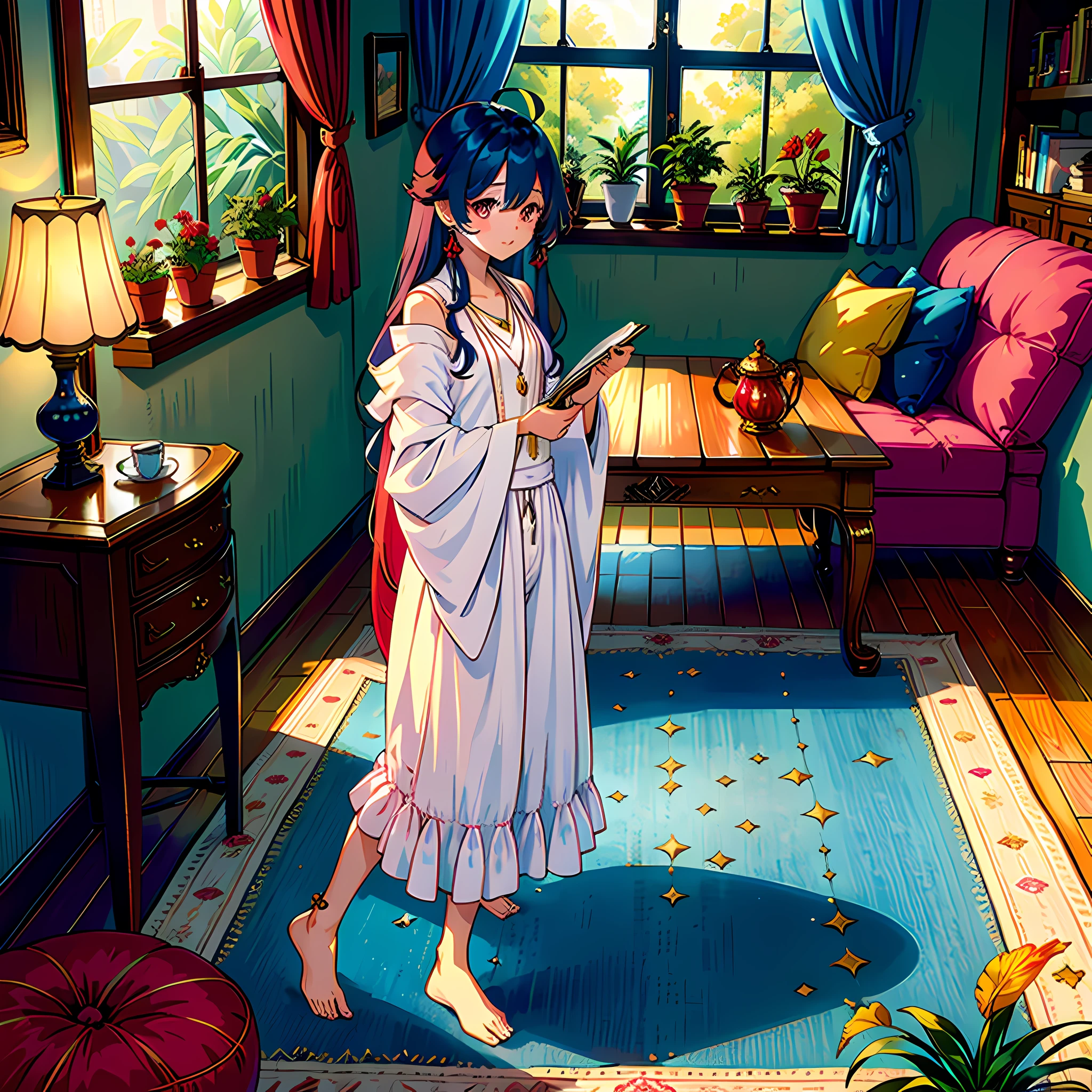 (Masterpiece, Best Quality: 1.2), (Highres: 1.1), (Highest Quality), (Master&#39;s Work), Facing Viewer, Dynamic Angle, Sky, Cloud, (1loli, Solo Focus: 1.4), Cute, Ornament, (Jewelry: 0.75), (Blush: 0.9), (Strap: 0 .9), barefoot, living room, sofa, window, curtains, dappled sunlight, potted plants, table, cabinet, bookcase, lamp, ahoge, (shawl, long hair, ruby colored hair, blue inner hair, shiny hair, shiny skin: 1.1),