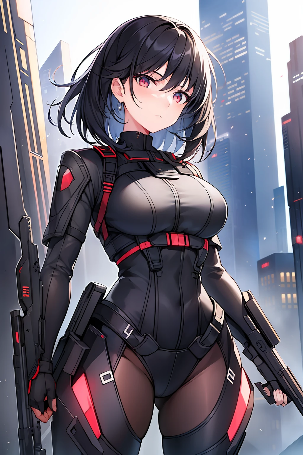 1girl, standing, holding a pistol, determined, black hair, medium hair, black hair, black bodysuit, harness, futuristic, sci-fi, portrait, masterpiece,