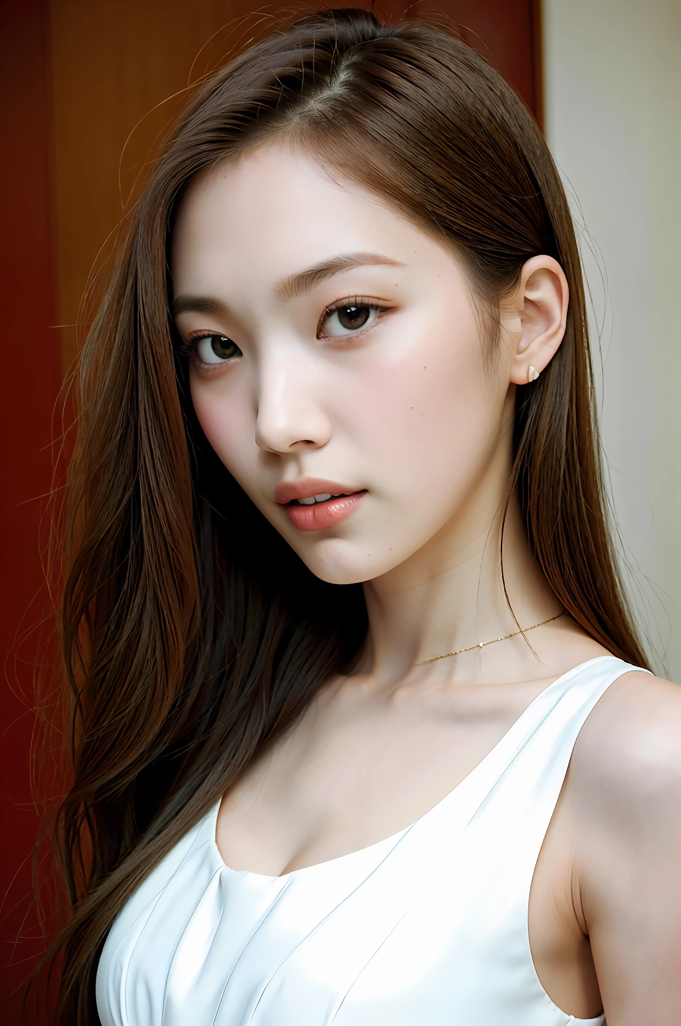 Woman with long hair, portrait Sophie Mad, beautiful face and perfect skin, gorgeous Kiko Mizuhara, perfect face model, close up perfect face, beautiful delicate face, very beautiful face, beautiful female model, beautiful fine facial features, beautiful model portrait, Japan model, fashion model face, sleeveless, smile, camera gaze,
