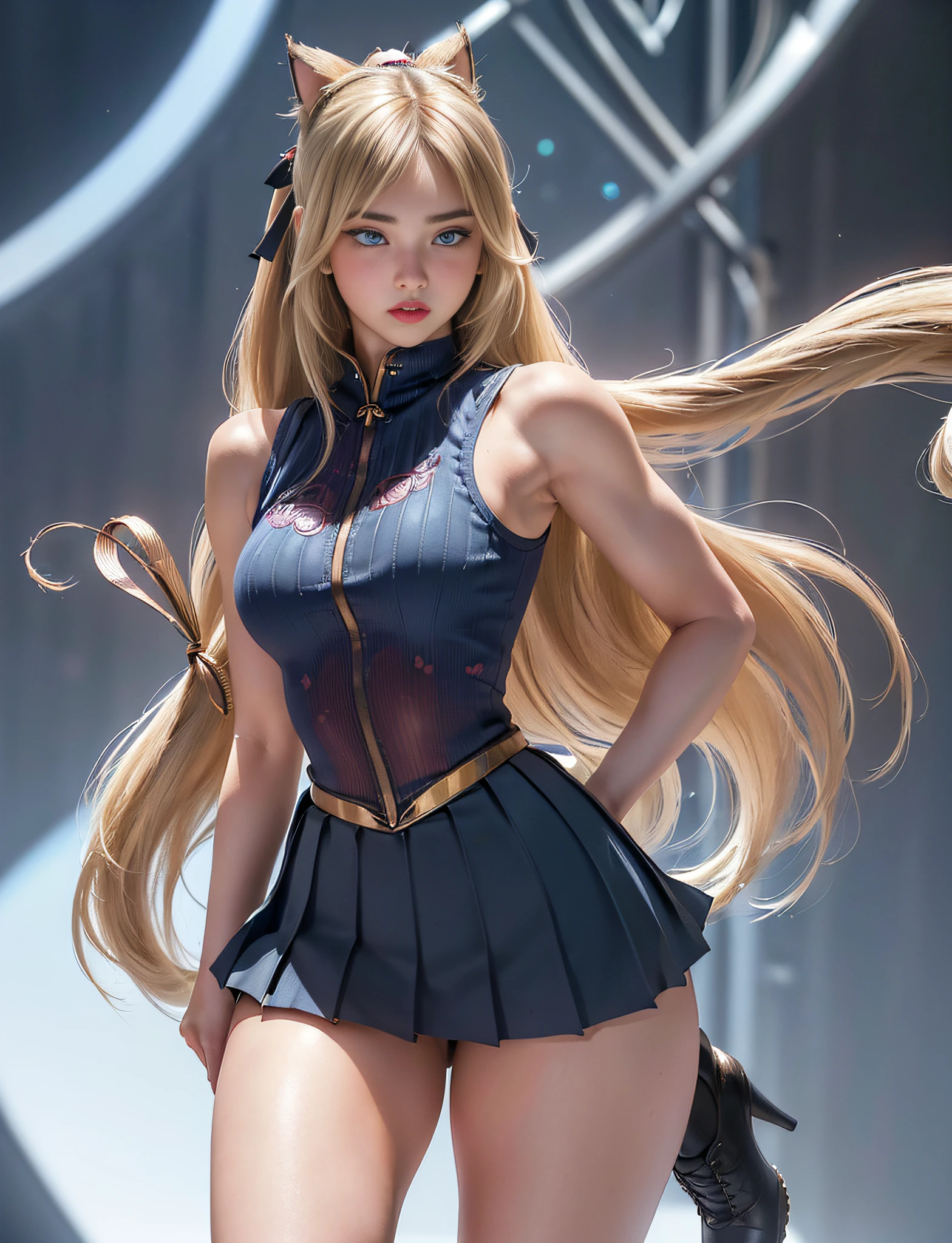 very detailed RAW color photo, (((1 girl))), (((alone))), (((29 years))), ((athletic)), ((very defined toned physique)), (((very defined and beautiful muscular body)), (((very detailed perfect body))), (((small and defined breasts))), (((ultra defined curves))), (((superior quality, 8k, masterpiece: 1.3)), sharp focus: 1.2, (((extremely beautiful girl with perfect figure: 1.4))), ((very thin waist: 1.2)), ultra detailed skin texture, ((smooth and soft skin)), (ultra detailed fabric texture), extremely beautiful ultra detailed face, (((extremely beautiful))), intricate details, ultra detailed, (((girl wearing a tight winter vest with a pleated miniskirt))), (((extremely long straight blonde hair))), extremely beautiful, (((extra long ponytail with bangs))), ((very detailed and beautiful cat ears)), (hair on the face), ((hair ribbon)), dynamic pose, ((uniform leaves thighs exposed)), ((ultra detailed legs)), (((ultra detailed waist))), (((very wide hips))), (((very thick thighs))), (sexy), (((extreme hourglass figure))), (((very thick heart lips))), (red lipstick)), ((ultra detailed lips)), ((ultra detailed blue eyes)), ((angry look)), (((staring at the viewer))), ultra detailed provocative mouth, Extremely beautiful seductive lips, ((blushing)), (makeup), (((ultra defined waist))), eye shadow, (full body shot), (military boots)