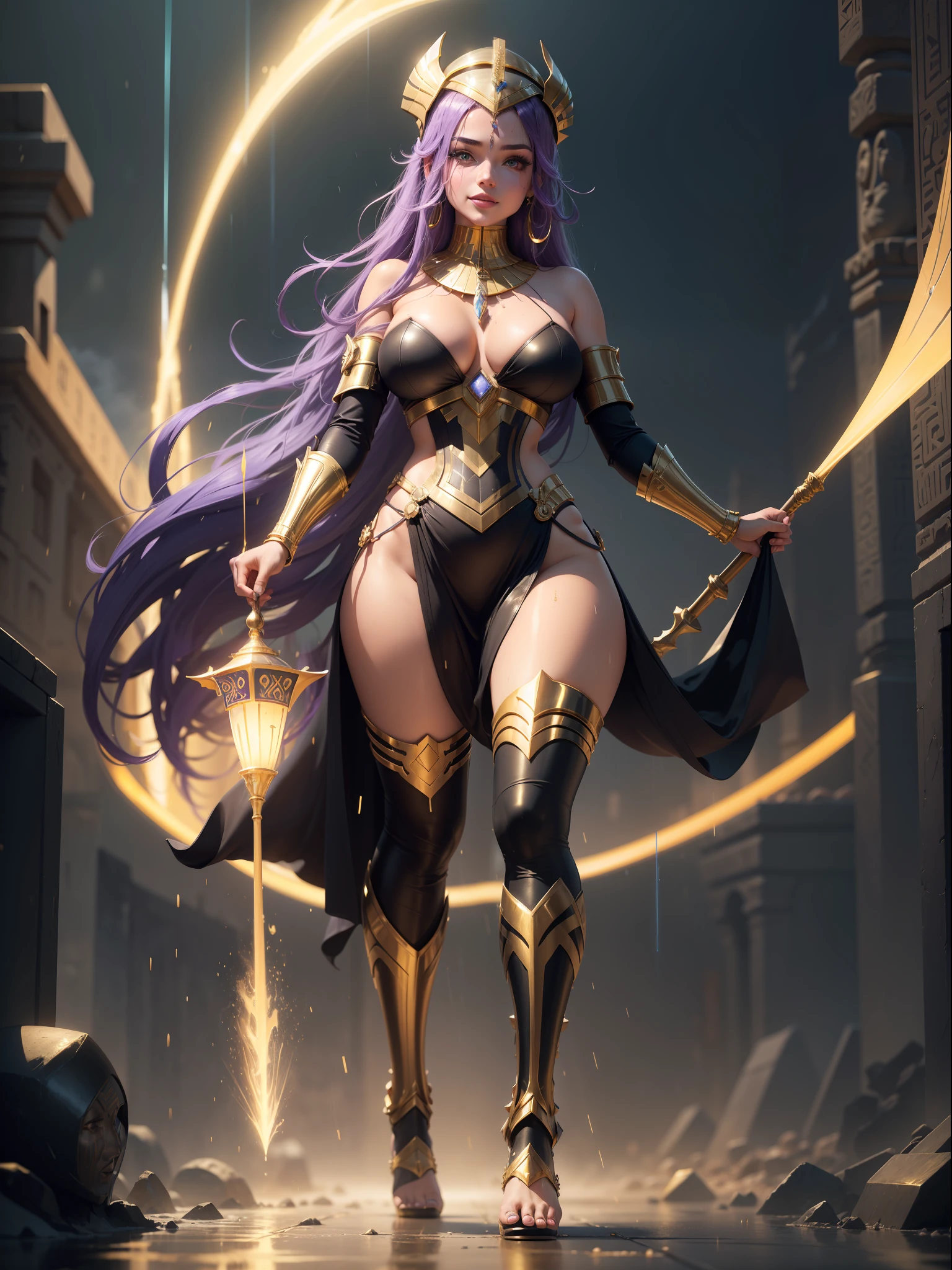 ((Full body photo,standing, feet on the ground)), Saria has large breasts, helmet on her head, black color with golden parts/futuristic Egyptian costume, Egyptian necklace on her neck, extremely tight on her body, (in an ancient Egyptian city it's raining and it's thundering), she has purple hair, blue eyes, she's got her hands closed, holding a pure gold scepter, landing for the viewer, extremely exhibitionist, is looking at the viewer, smiling, face with red cheek, hair and clothing all wet, semi transparent clothing, light makeup on the face, Futurism, 16k, UHD, retina, masterpiece, ccurate, anatomically correct, best quality, high quality, textured skin