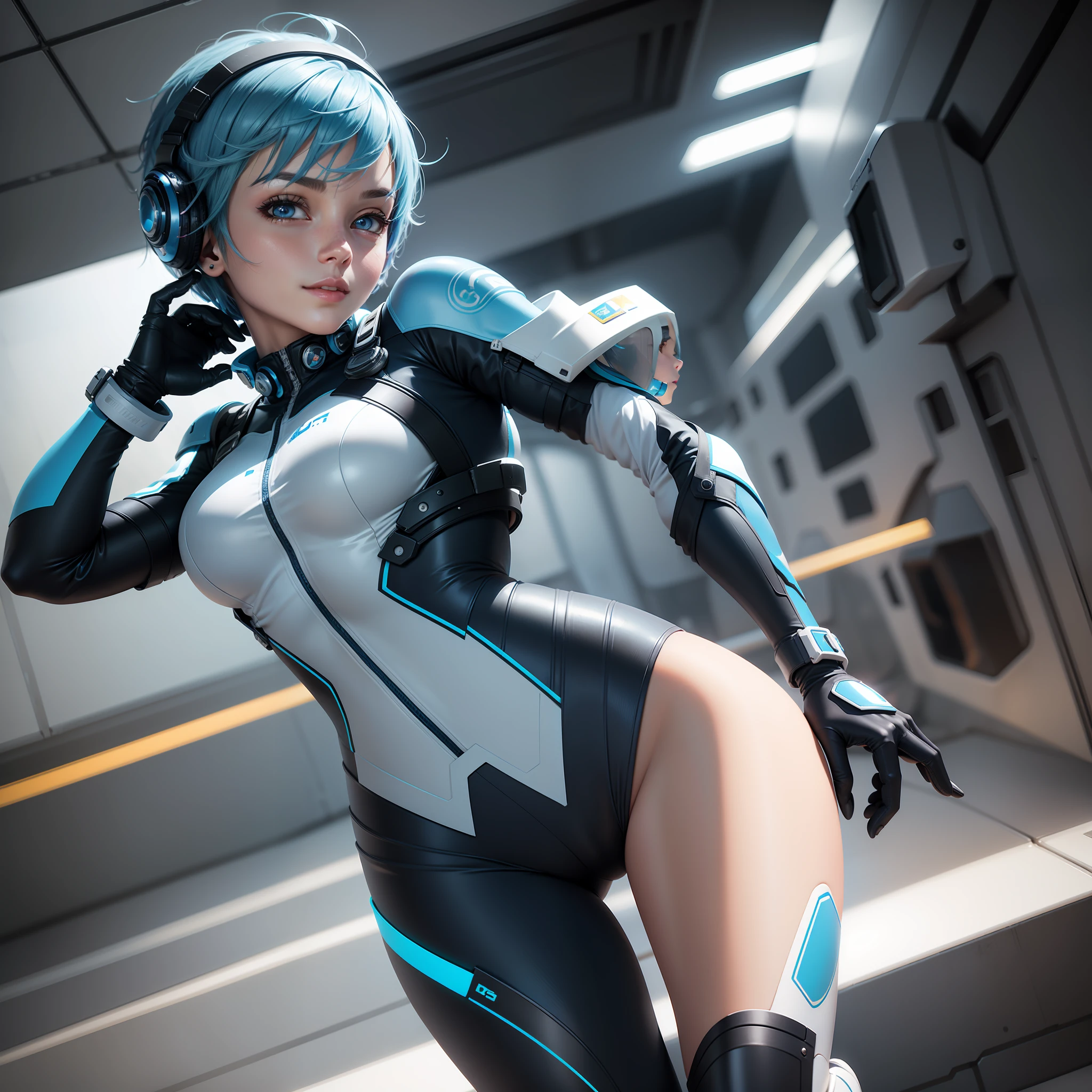 lone girl, full body, landscape orientation, blue hair, short hair, space cadet, smooth art, photorealistic rendering, beautiful skin, 3d girl, futuristic girl, cute girl, dynamic angle, dynamic pose, short hair, sparkly blue color eyes, pilot suit with white and blue and black color, tight fit clothes, full body covering clothes, Knee boots, medium breasts, slim body, arm-length gloves, gentle smile, cheerful, lovely, slim body, exoskeleton, headset