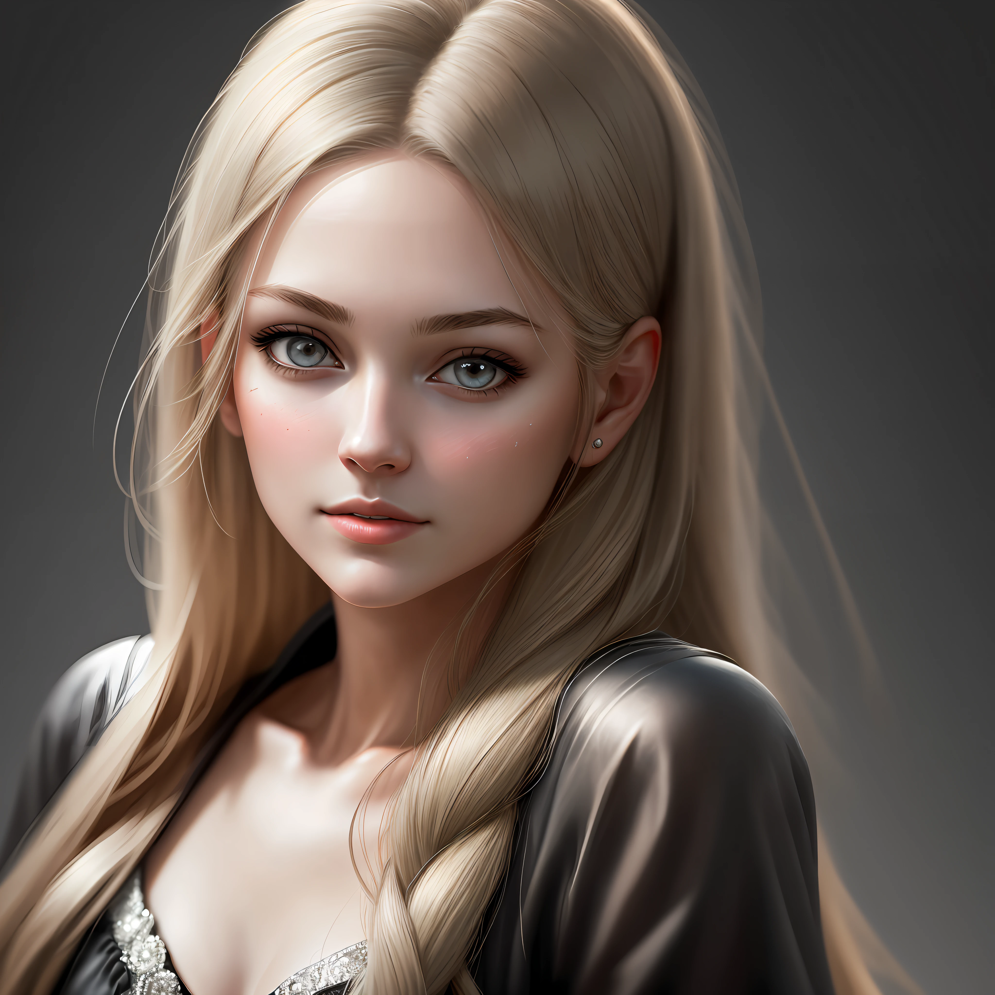 RAW, simulation style, a stunning portrait of a young and beautiful woman with eye-catching facial features. She should have long flowing hair, charming eyes, and charming expressions. The background should be neutral and simple, allowing the woman to be the focal point of the image. Pay close attention to details such as highlights and shadows on her face and hair to create a lifelike and realistic image. Try different lighting techniques to enhance the mood and atmosphere of your portrait. The final product should be a masterpiece that captures feminine essence and beauty, ((highly detailed skin, skin details)), sharp focus, volumetric fog, 8k UHD, DSLR, high quality, film grain, Fujifilm XT3