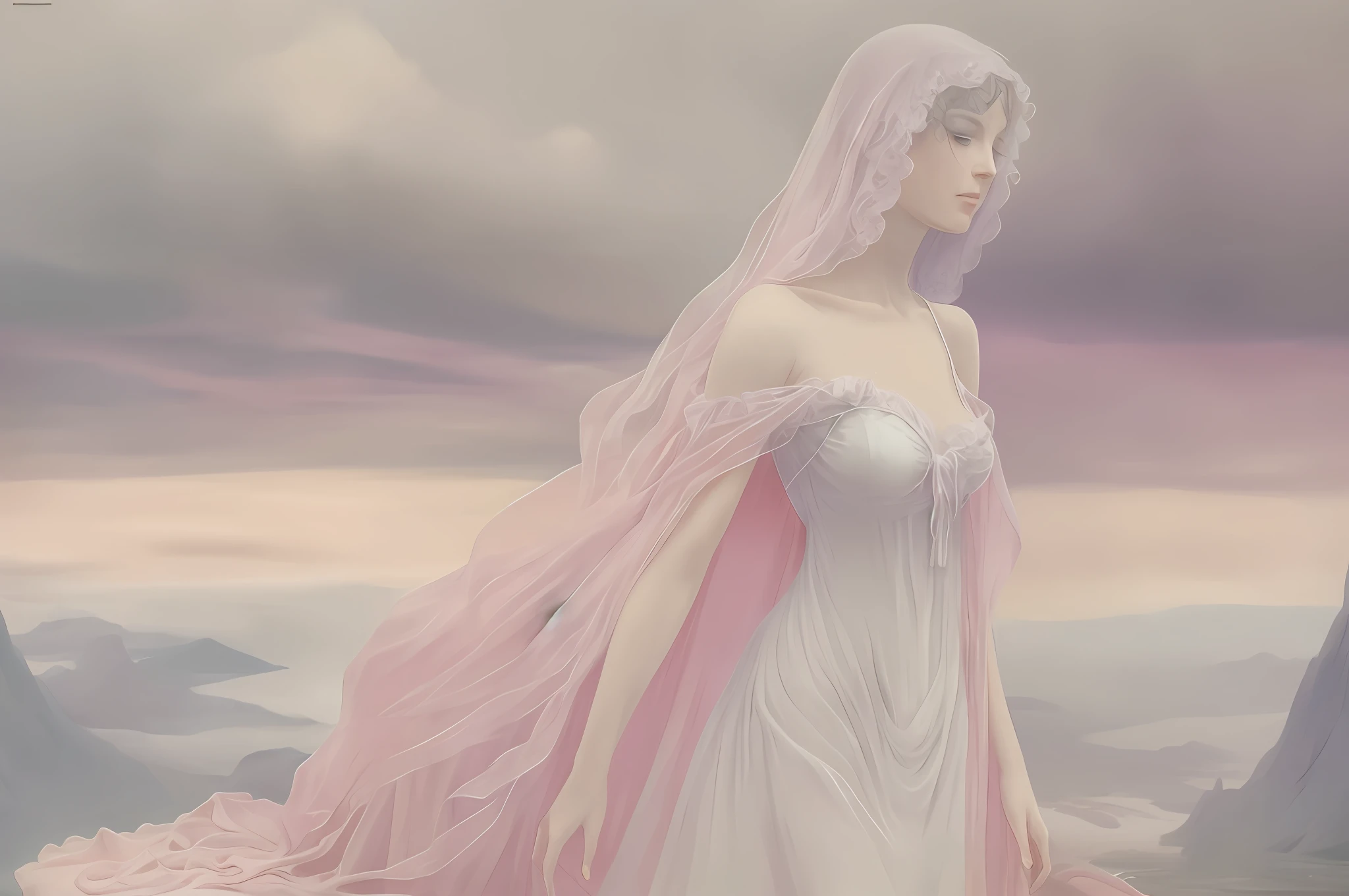 pink semi-transparent figures of ghostly women, ghosts, taffy gauze fabric, misty landscape, , elegant, artstation, art by Agostino Arrivabene and Peder Balke and John Bauer --auto --s2