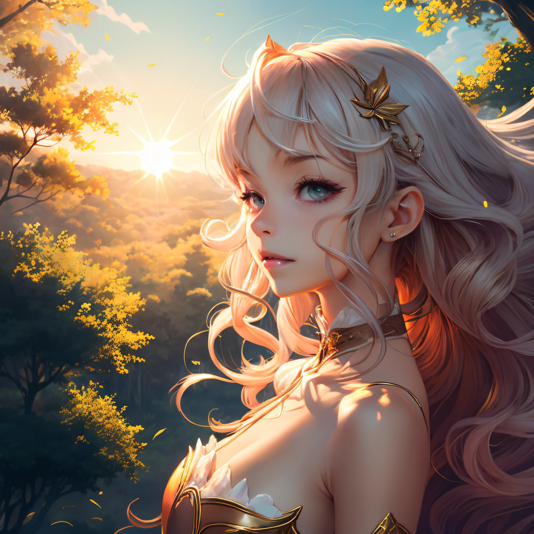 anime, sun and smooth wind, a forest, a girl looking sun, she is pretty, her skin is smooth, she wearing a beautiful shiny dress, pastel color, high definition, ultra detailed, fantasy world