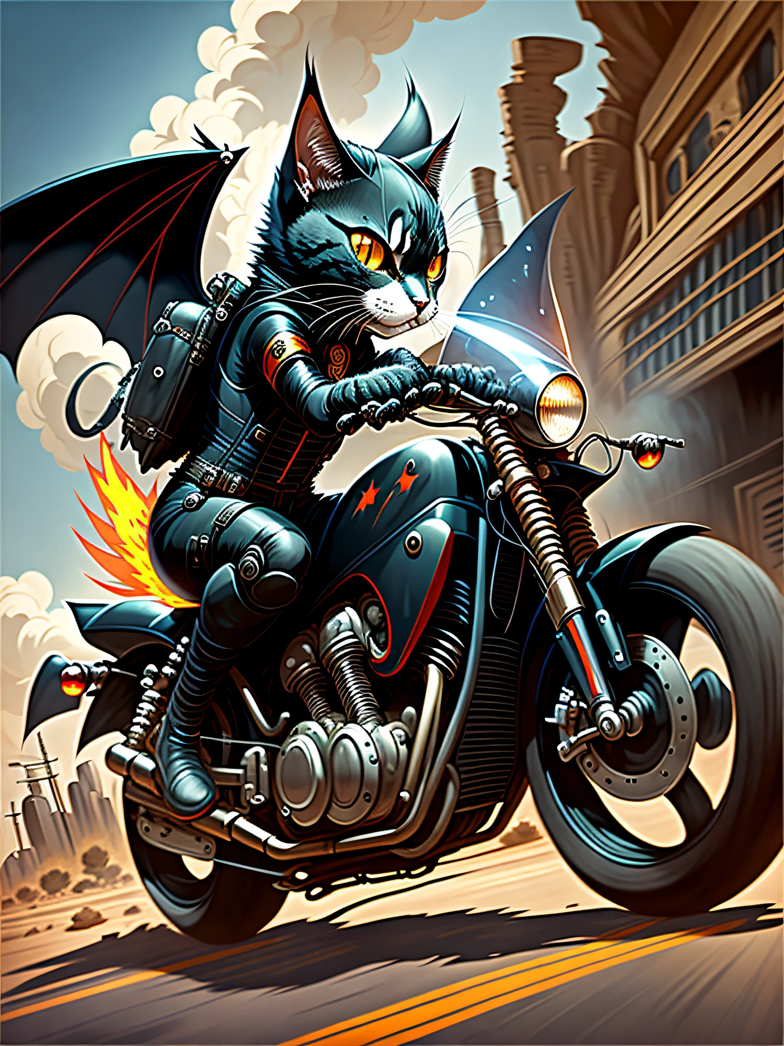 Fire cat, black eyes, sharp claws, bat wings, biker suit, no helmet, on Route 666 --auto --s2