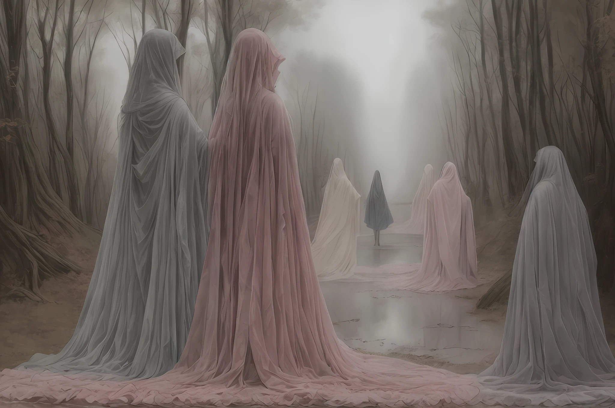 pink semi-transparent figures of ghostly women, ghosts, taffy gauze fabric, misty landscape, , elegant, artstation, art by Agostino Arrivabene and Peder Balke and John Bauer --auto --s2