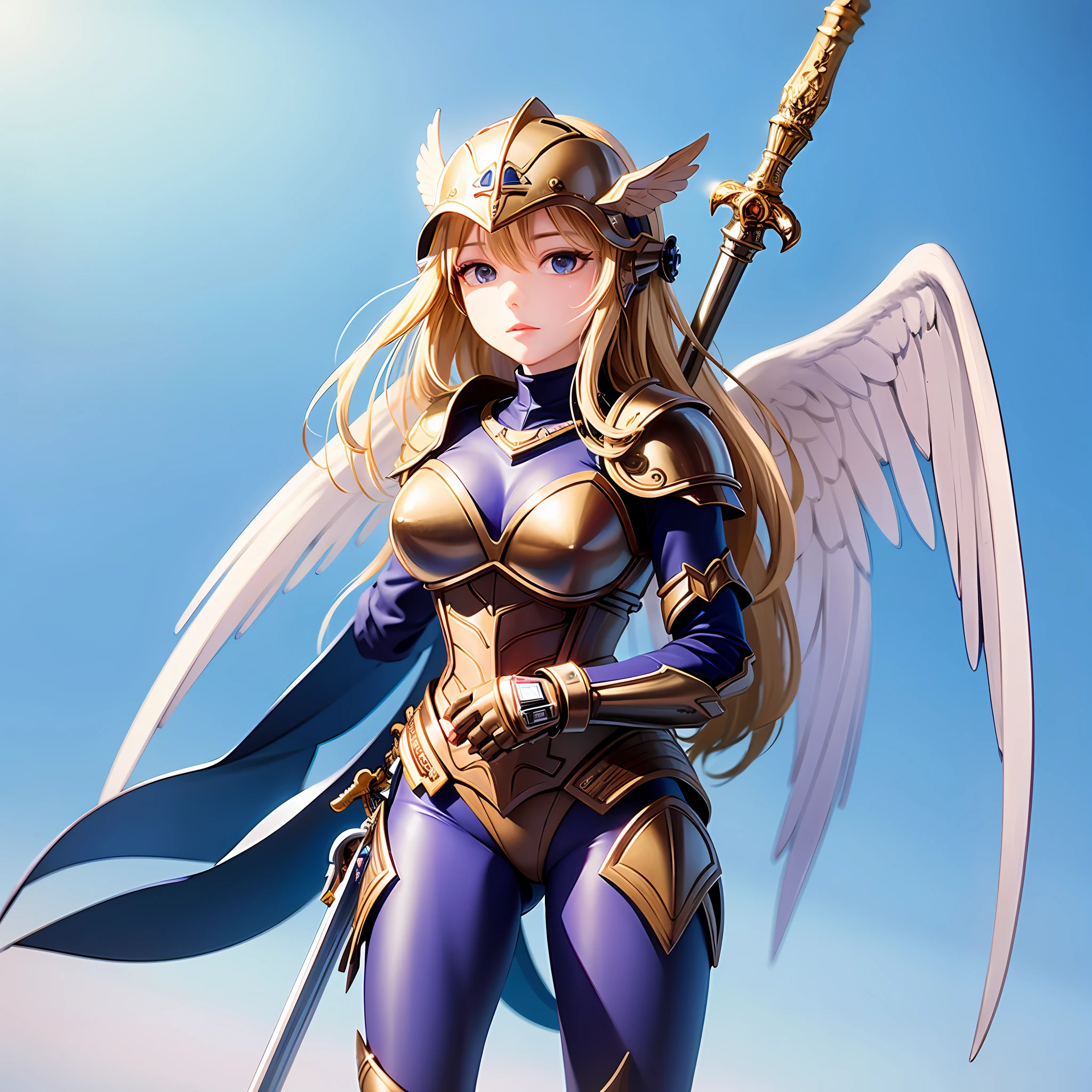 (8k, RAW photo, best quality, masterpiece:1.2), 1girl, solo focus, mgq_valkyrie, wings, (helmet, armor:1.2, sword above head:1.2), sky,