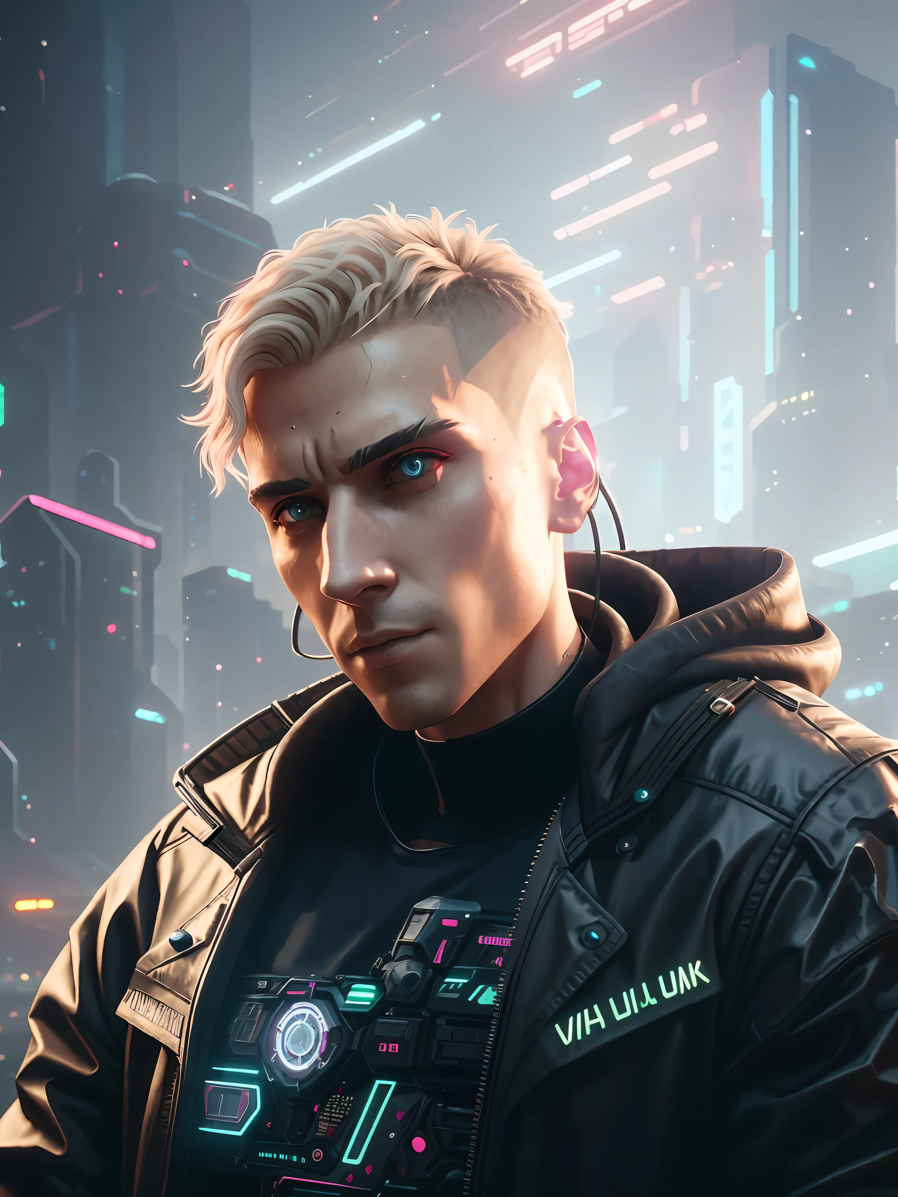 A man in a black jacket stands in front of a futuristic city, a VR game, a cyberpunk atmosphere, a cyberpunk atmosphere, a cyberpunk atmosphere, deeper into the metaverse we are going into, has a cyberpunk style, a cyberpunk theme, in cyberpunk 2077, futuristic cyberpunk, the future of cyberpunk, synthwave, wearing cyberpunk streetwear, futuristic cyberpunk, cyberpunk technology, retro cyberpunk, synthwave style