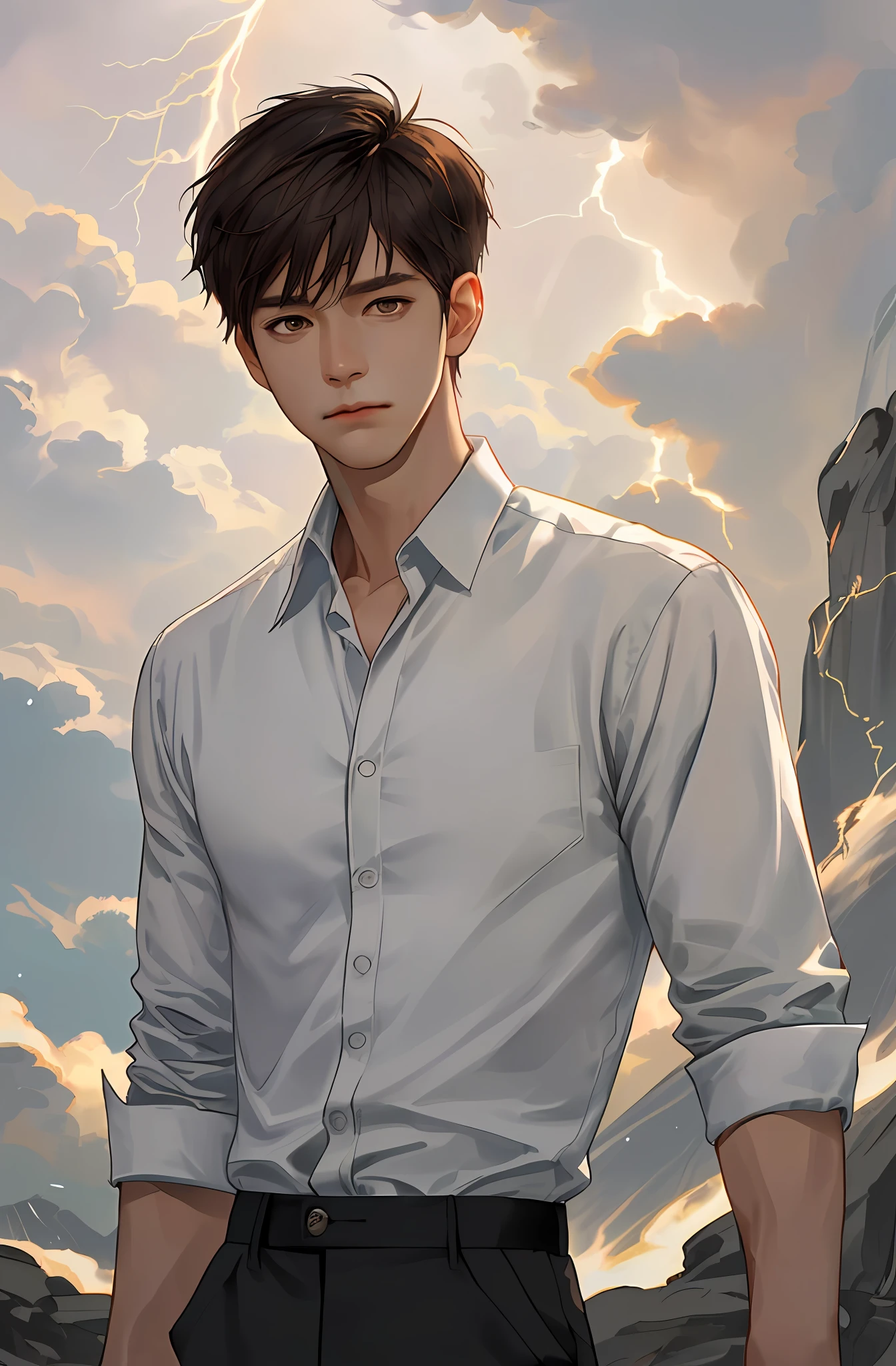 (Realism: 1.4), top quality, masterpiece, male, thin, (1 man, solo, white loose shirt, black pants, viewer watch, brown hair, gray eyes, closed mouth, upper body), (white background), (idol face, Korean face, sharp eyeliner) (male), (face focus, pottrait, movie lightning), (light spring theme, short hair men)
