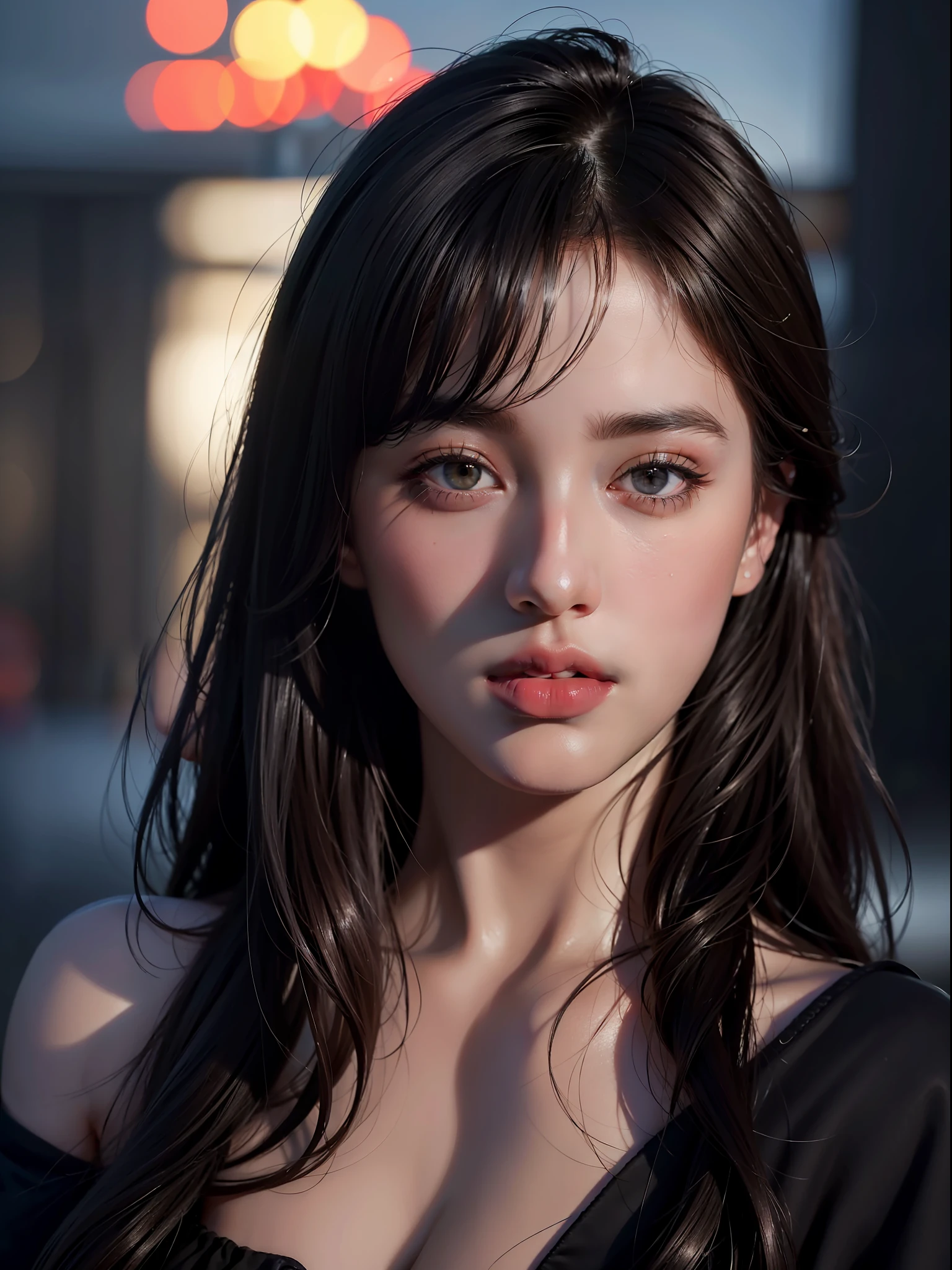 A woman with long hair and a black dress posing for a picture - SeaArt AI
