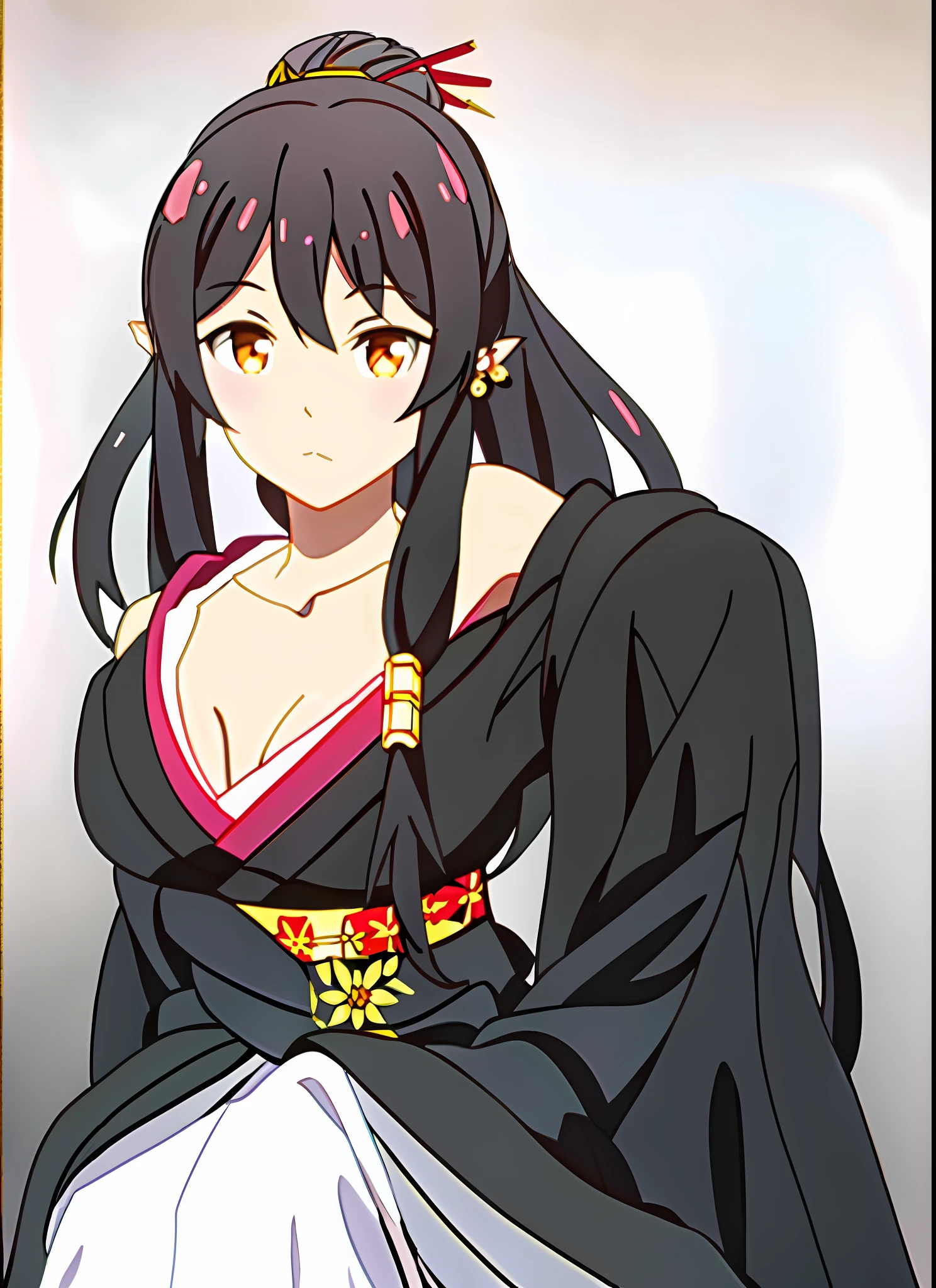 Masterpiece, best quality, anime art style, Tío, beautiful woman and about 20, (long black hair), golden eyes and pointed ears, wears a set of traditional black robes similar to a (black kimono), Japanese with unique floral designs at the bottom and a pink t-shirt similar to a fairy. She also wears a Japanese-style red hairpin and piercings on top of her hair,