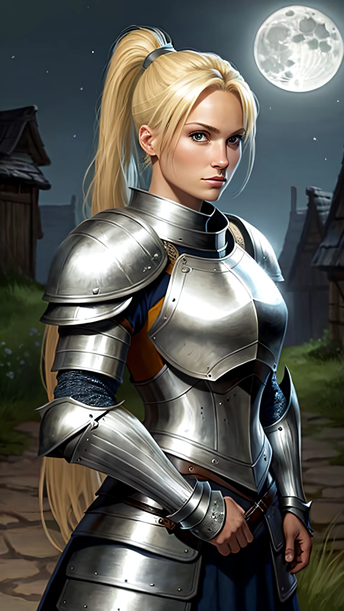all Blonde Woman with ponytail in plate armor under moonlight