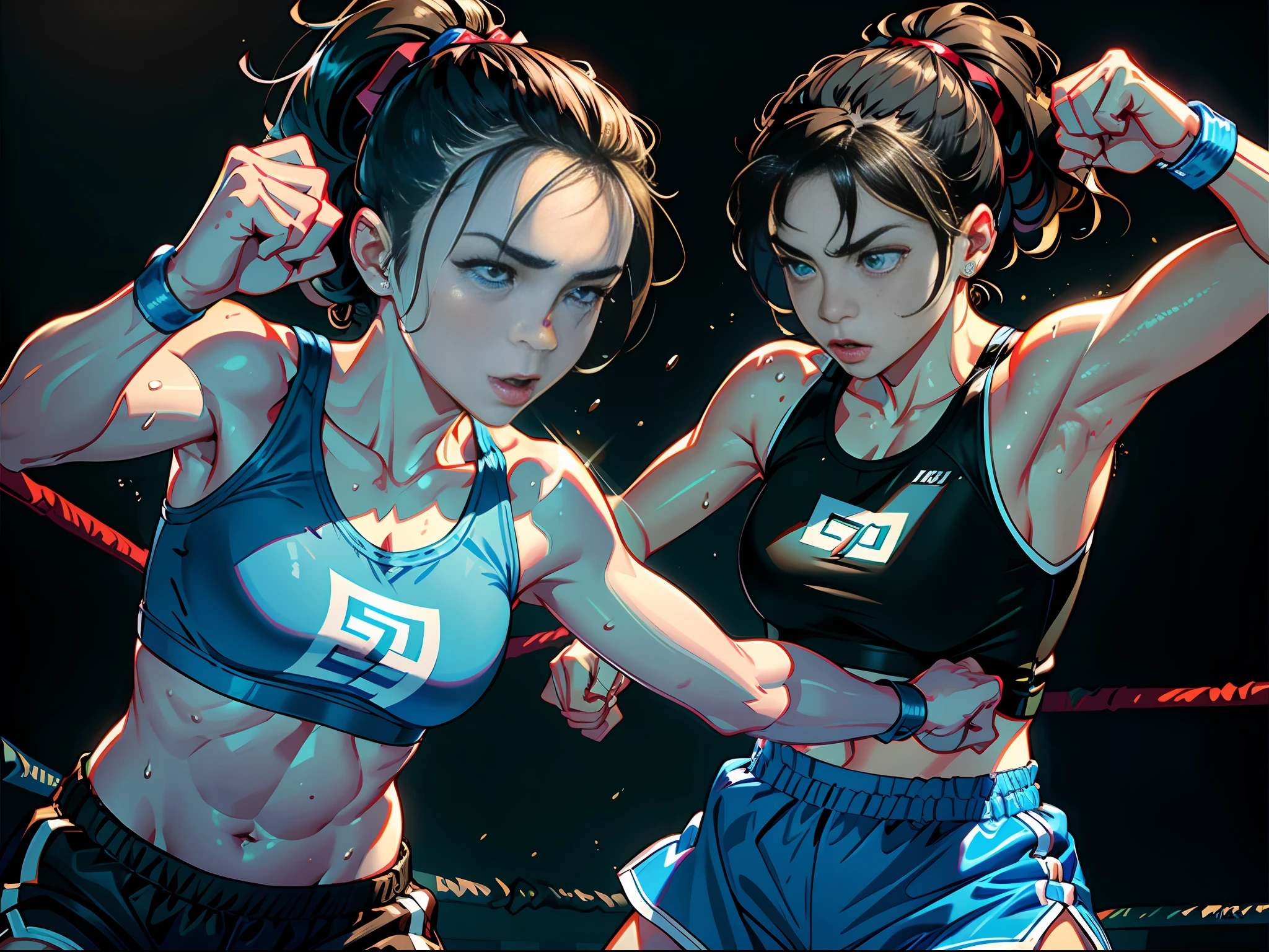 (Original), (Bo Striking), (Best Quality), (Masterpiece), Photographic Reality, Realistic, Very Detailed Illustrations, (1 Girl), Beautiful Eyes, (Delicate Face), Perfect Details, (Best Lighting), (Super Intricate Details), (Boxing Girl), (Aggressive Punching), Sweat, Heavy Breathing, (Crushing Attack), (Boxing Ring), Sports Shorts, Perfect Details, Perfect Fingers, Perfect Limbs, Impact, (Shiny Skin), Abs, Muscles, Waist Line, Boxing Shorts, Boxing, black hair, high ponytail, super long hair, 4K unity, (super fine CG: 1.2), (8K: 1.2), realistic, octane rendering