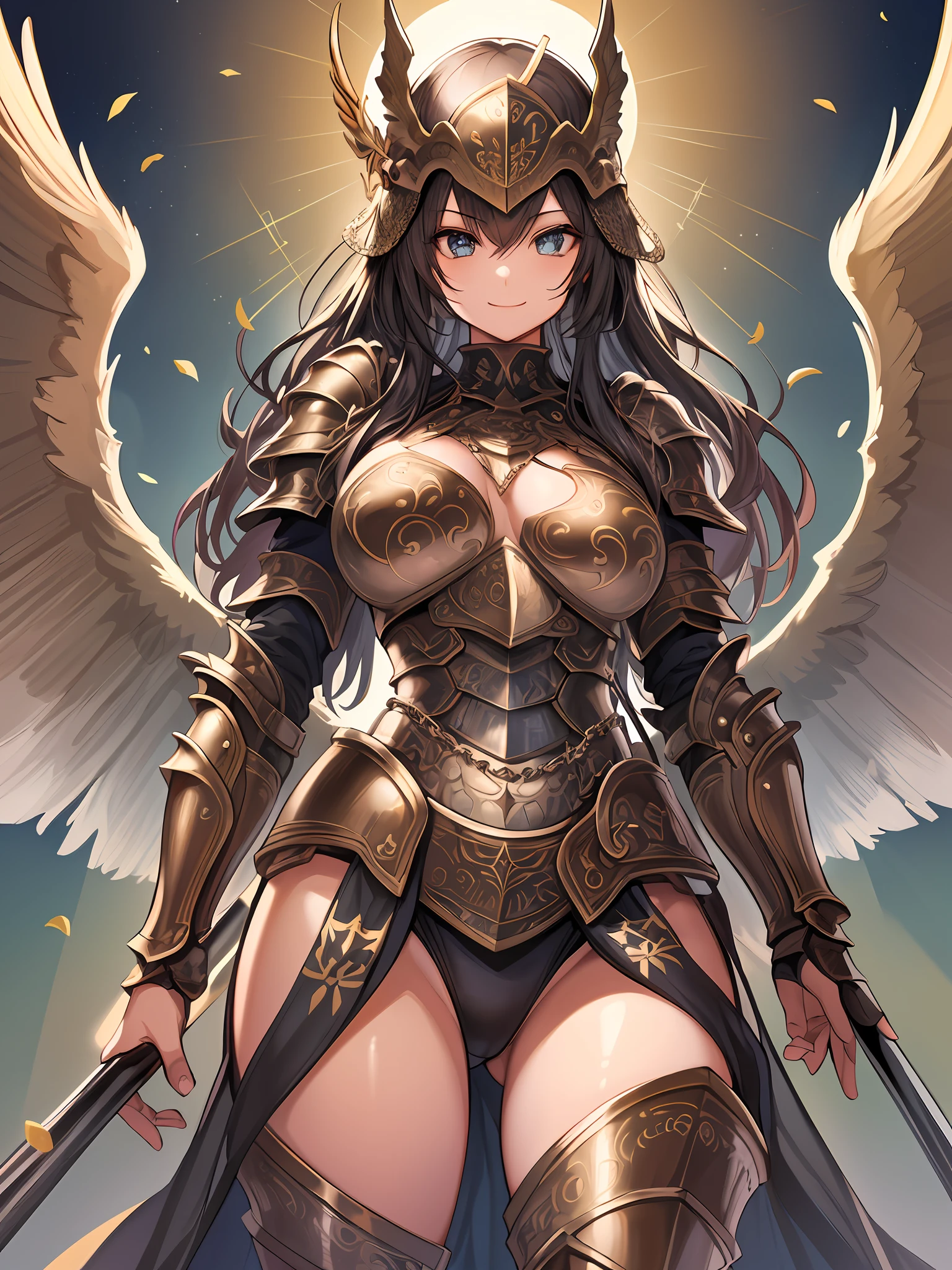 (best quality, ultra-detailed, best illustration, best shadow, masterpiece, high res, professional art, famous art), (1girl, solo), wearing walkure, (armor: 1.3), helmet, chainmail armor, wings, hair ornaments, one eye covered, smile, looking at the viewer, 1:1